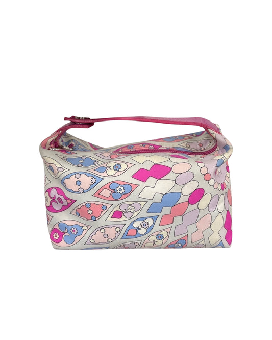 Pucci Vintage Pink & Blue Satin Mini Cosmetic Top Handle Pochette Bag
