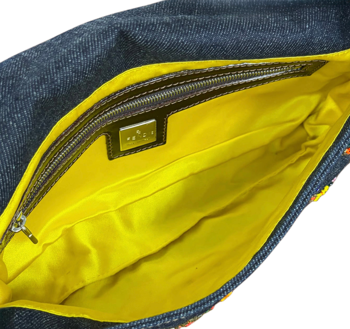 Fendi Vintage Blue Denim Floral Embroidered Beaded Shoulder Baguette Bag