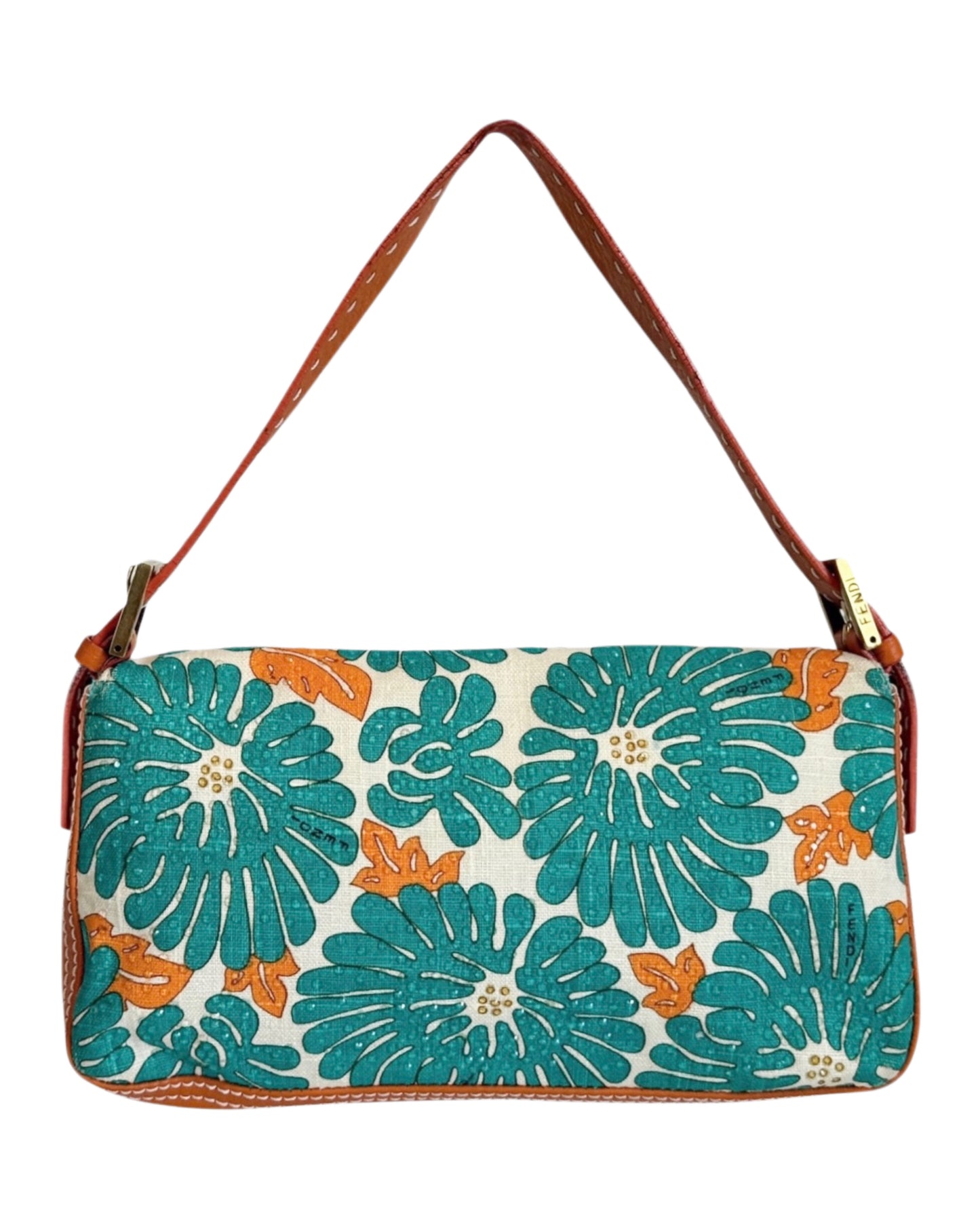 Fendi Vintage Turquoise & Orange Crystal Floral Selleria Leather Trim Shoulder Baguette Bag