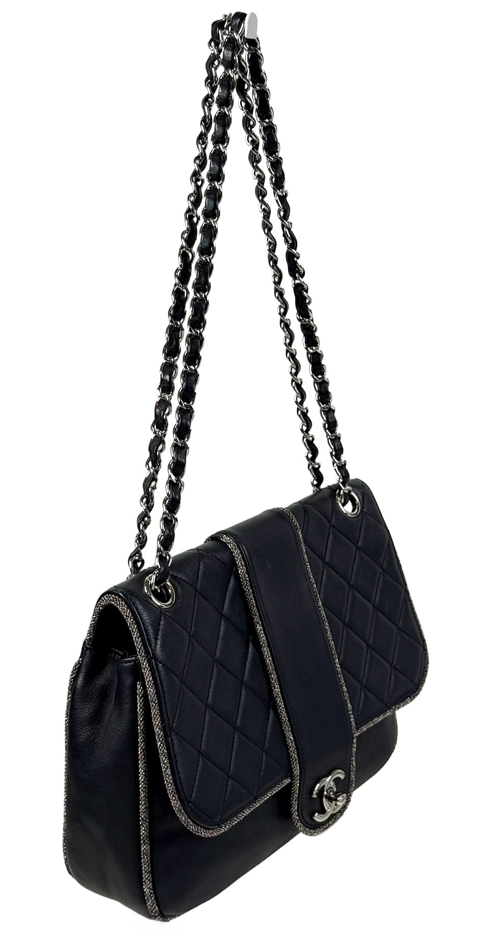 Chanel Dark Gunmetal Gray Quilted Lambskin Elementary Chic Flap Shoulder Bag