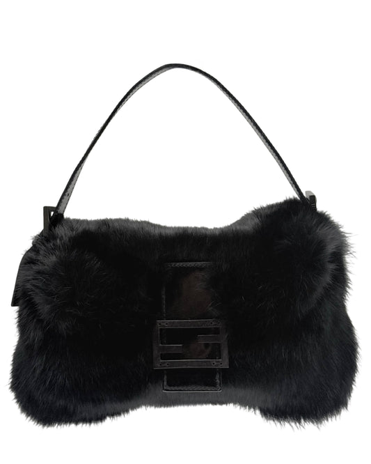 Fendi Vintage Black Mink Fur Shoulder Baguette Bag