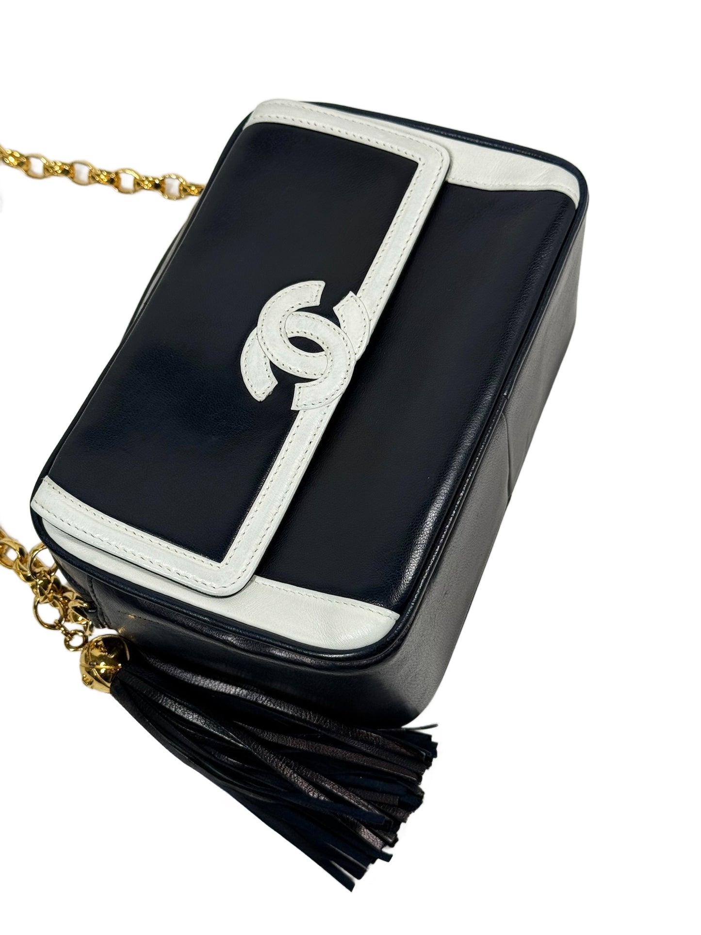 Chanel Vintage 90s Navy Blue White Lambskin Leather Trim Tassel Camera Shoulder Bag