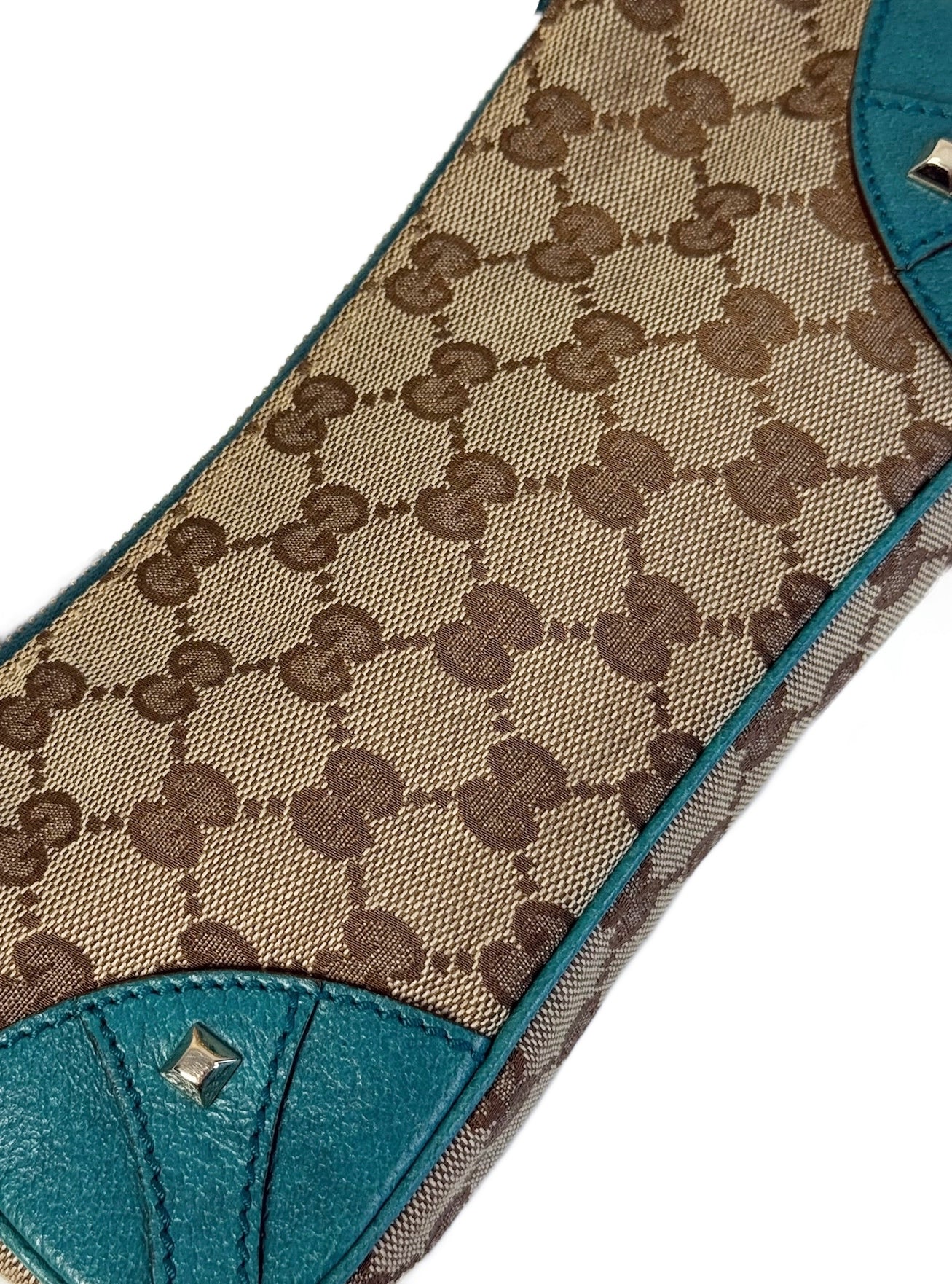 Gucci Vintage Brown GG Monogram Turquoise Leather Trim Chain Link Studded Shoulder Pochette Bag
