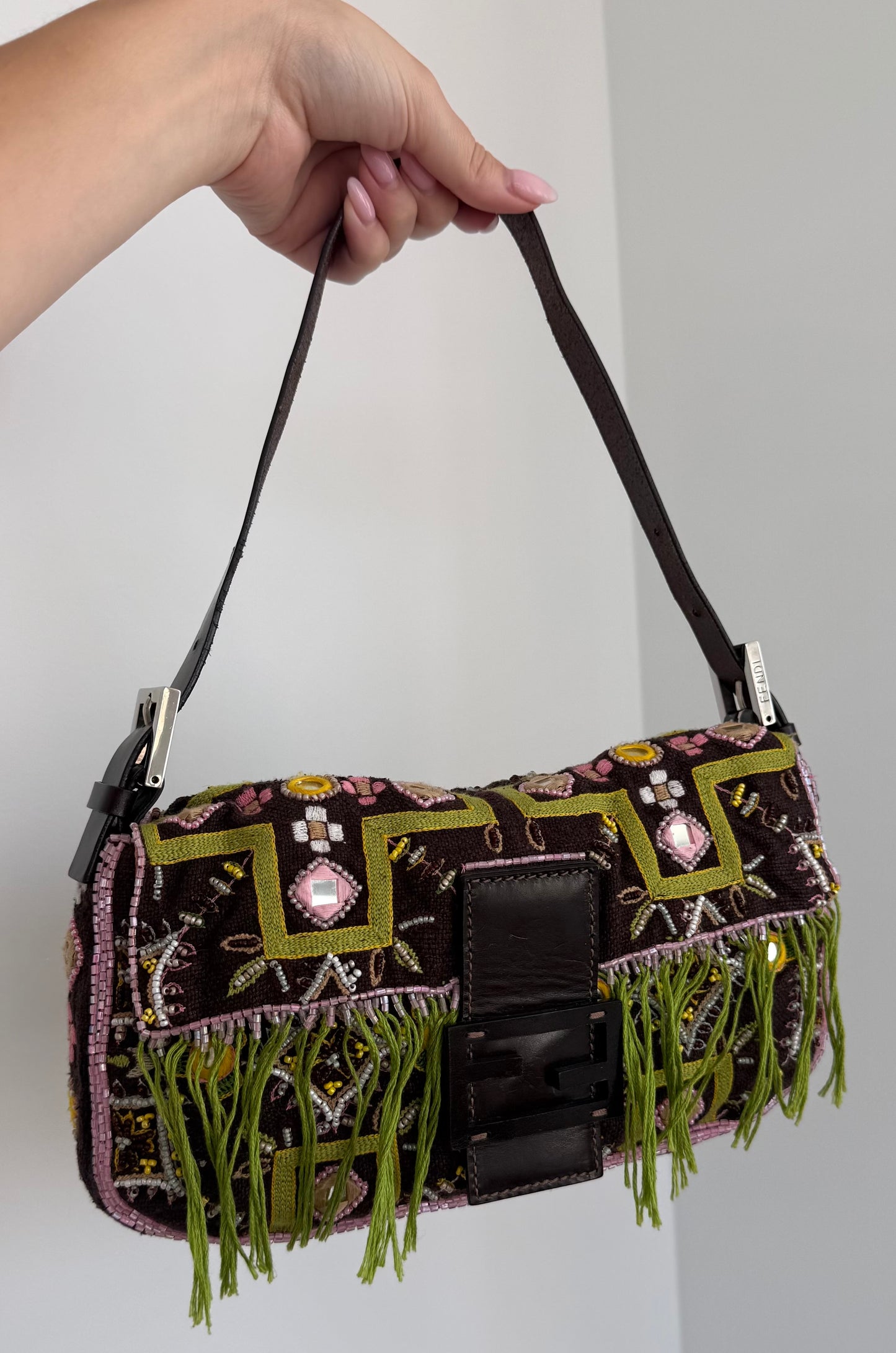 Fendi Vintage Brown Knit Embroidered Pink Beaded Green Fringe Embellished Shoulder Baguette Bag