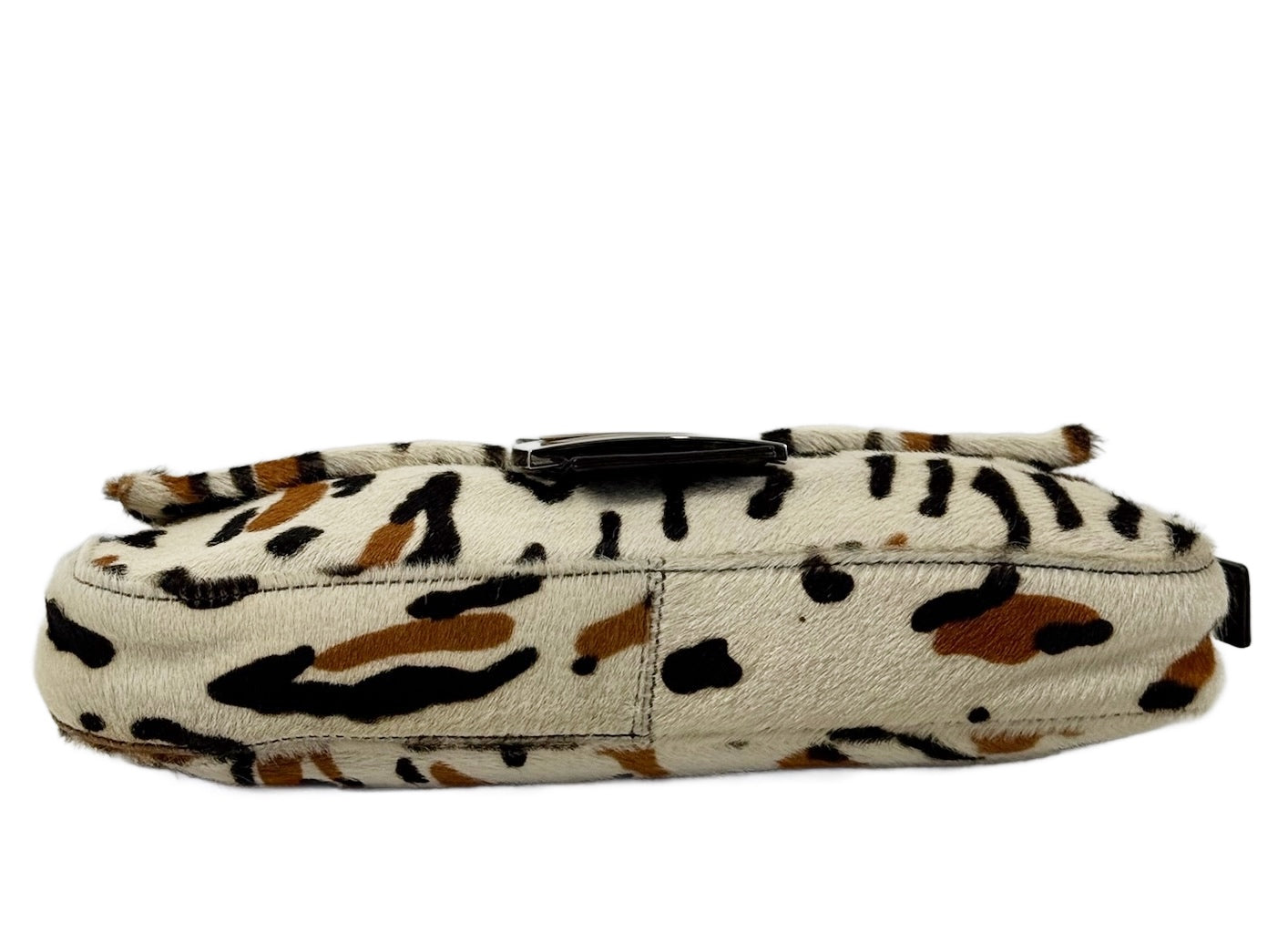 Fendi Vintage White & Brown Leopard Print Pony Hair Shoulder Baguette Bag