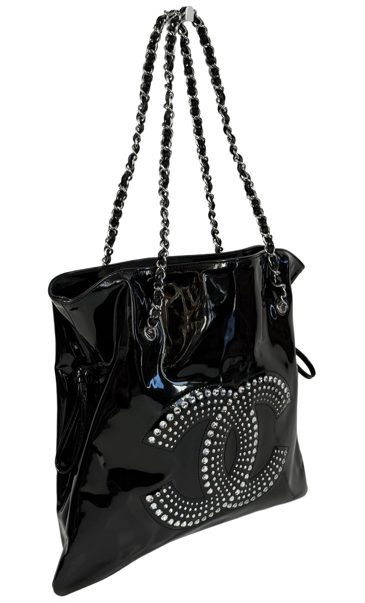 Chanel Vintage Black Patent Leather CC Crystal Embellished Bon Bon Chain Tote Shoulder Bag