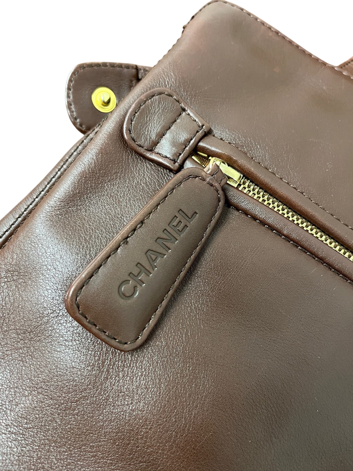 Chanel Vintage 00s Brown Lambskin CC Logo Medium Shoulder Tote Bag
