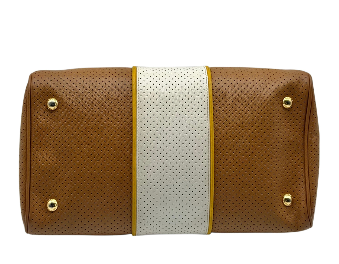 Prada Vintage Beige & White Striped Perforated Leather Small Boston Top Handle Bag