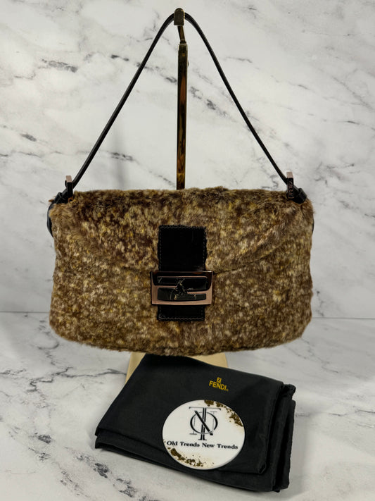 Fendi Vintage Marbled Brown Fur Shoulder Baguette Bag