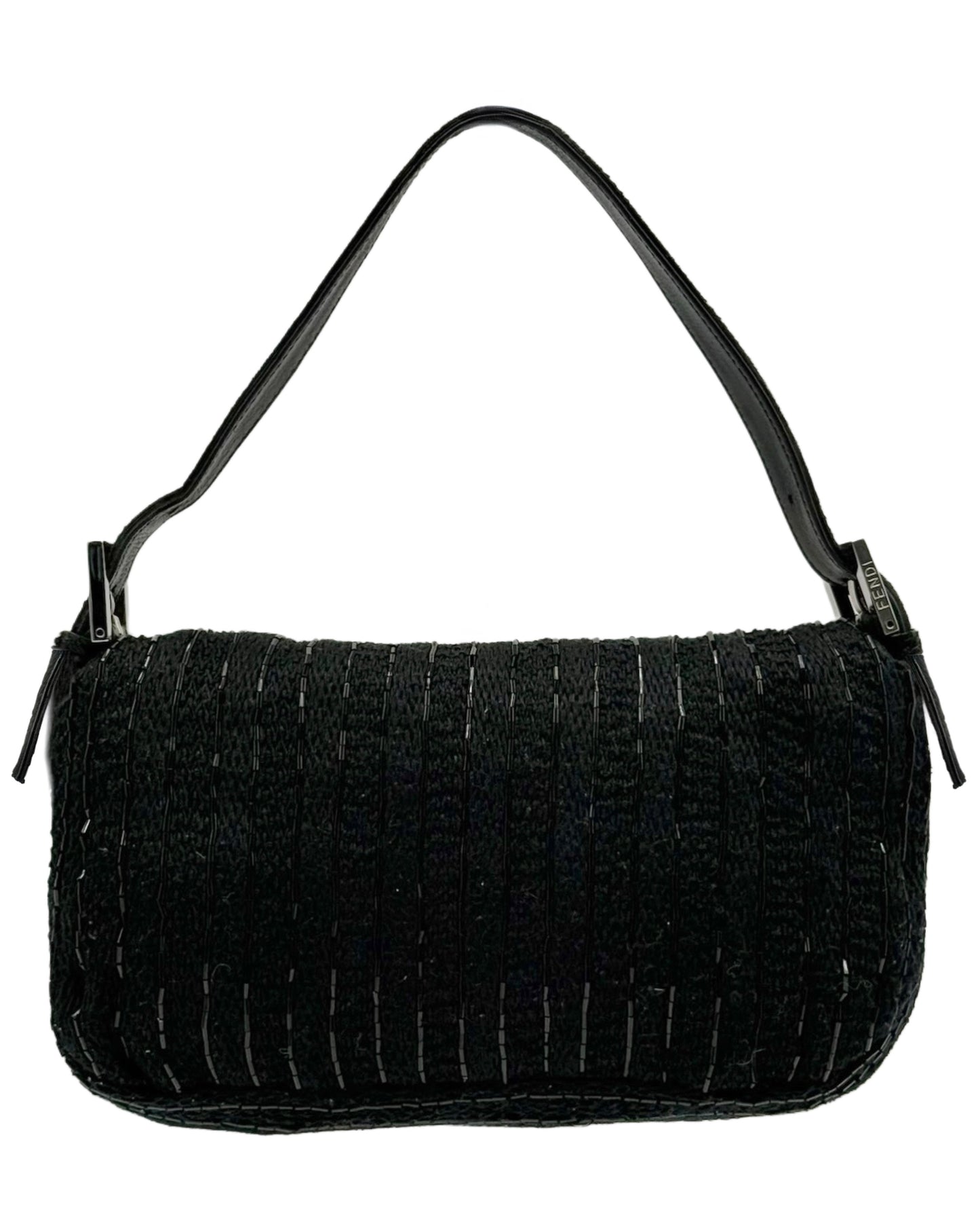 Fendi Vintage Black Knit Silver Beaded Shoulder Baguette Bag w Black Pony Hair Trim