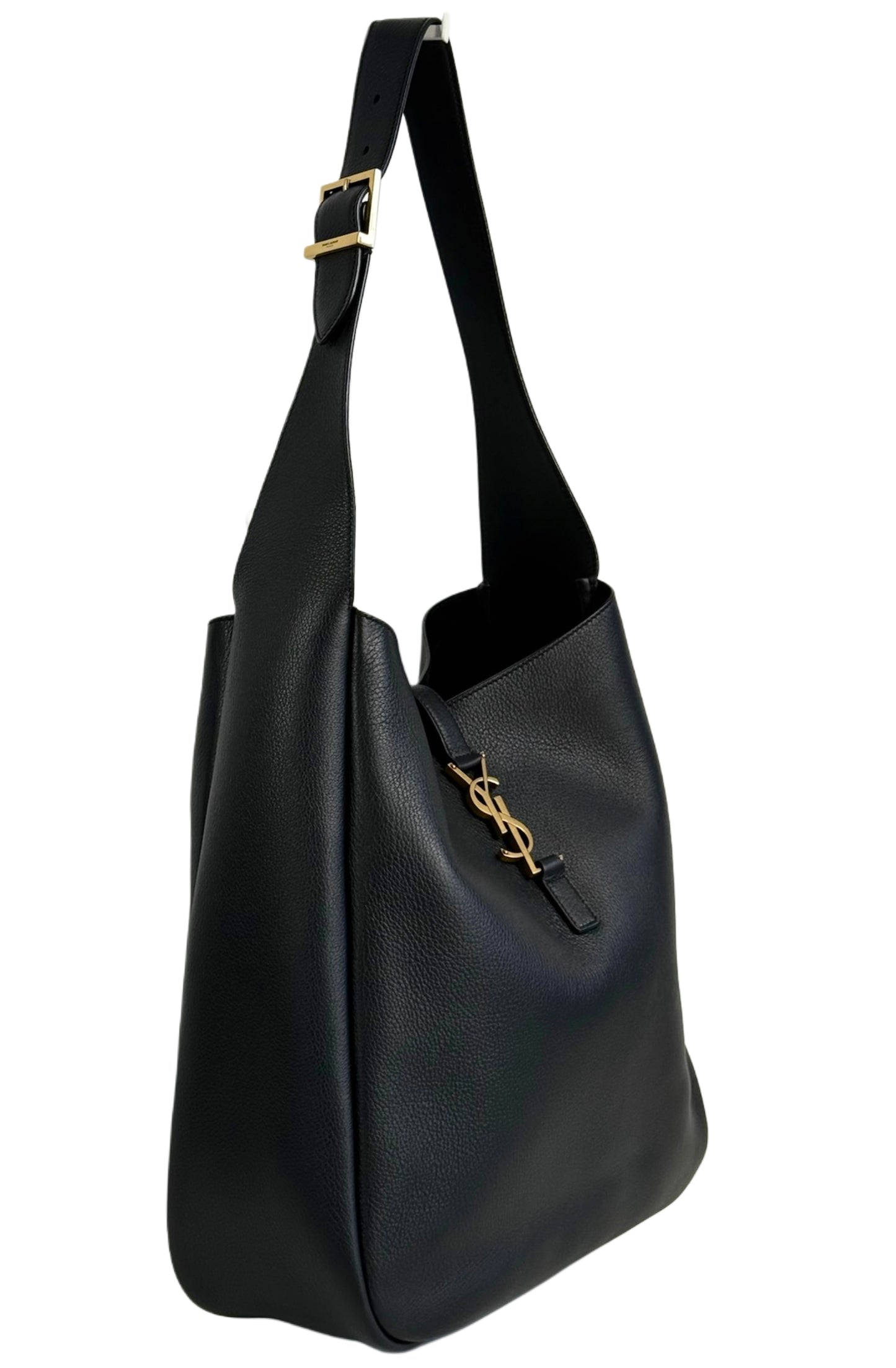 YSL / Yves Saint Laurent Le 5 à 7 Supple Large Black Grained Leather Hobo Shoulder Bag