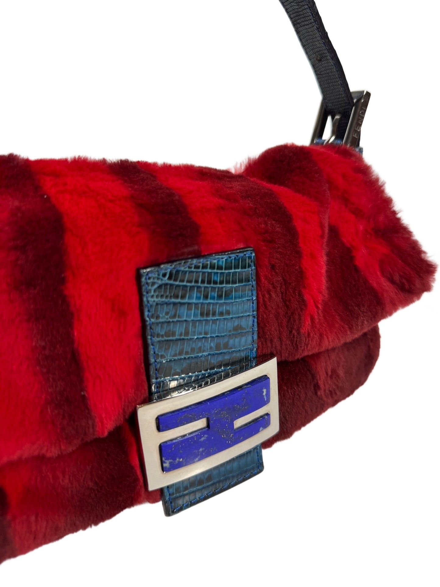 Fendi Vintage Red Rabbit Fur Blue Lizard Trim Shoulder Baguette Bag