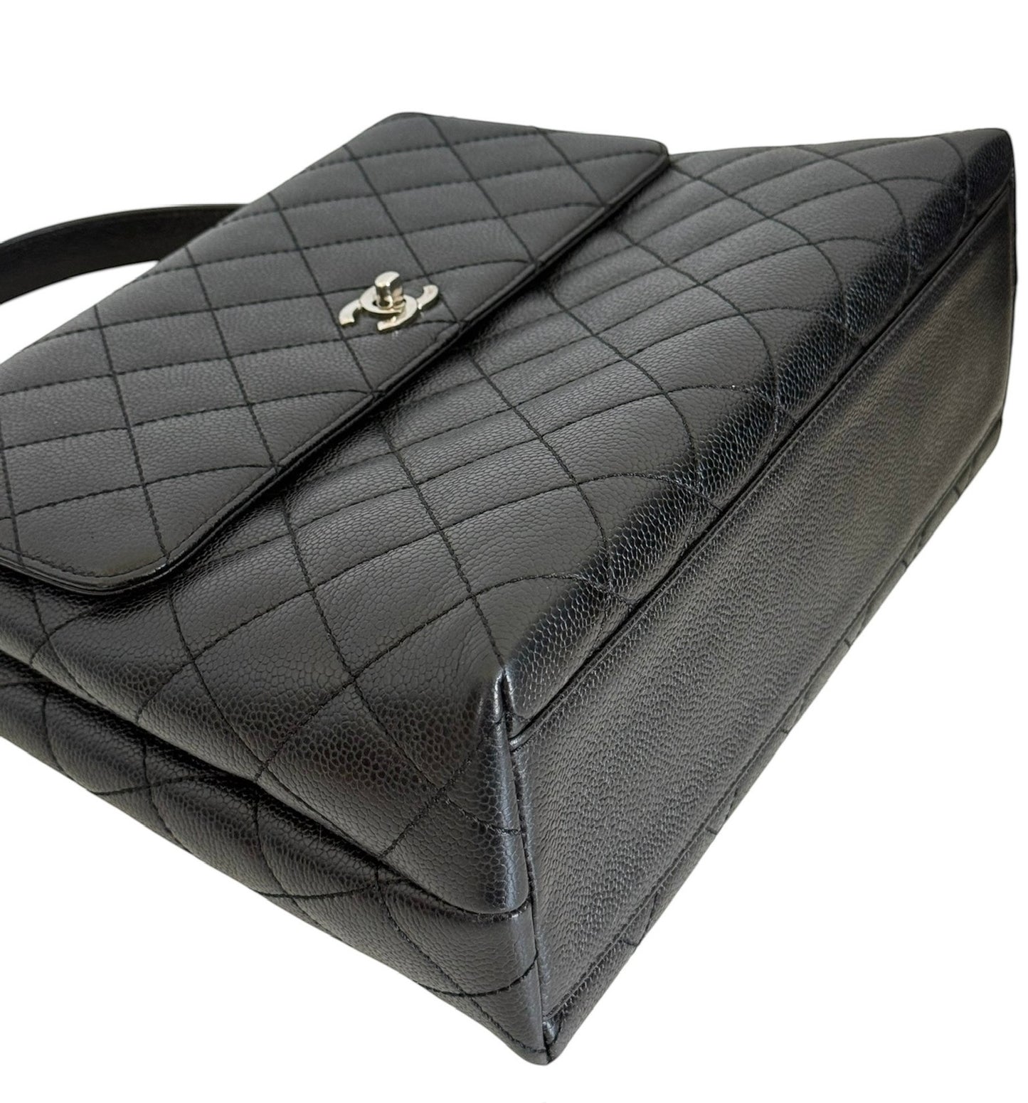 Chanel Vintage 00s Black Quilted Caviar Large Kelly Top Handle Flap Bag with Silver Hardware