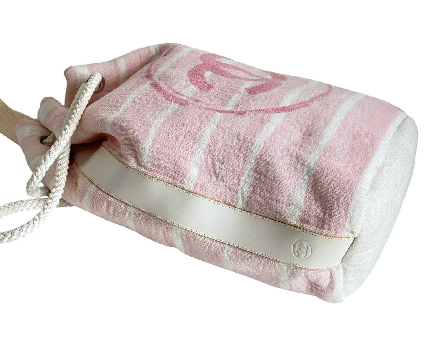 Chanel Vintage Pink and White Striped Terrycloth Large CC Logo Beach Backpack Duffle Bag 
