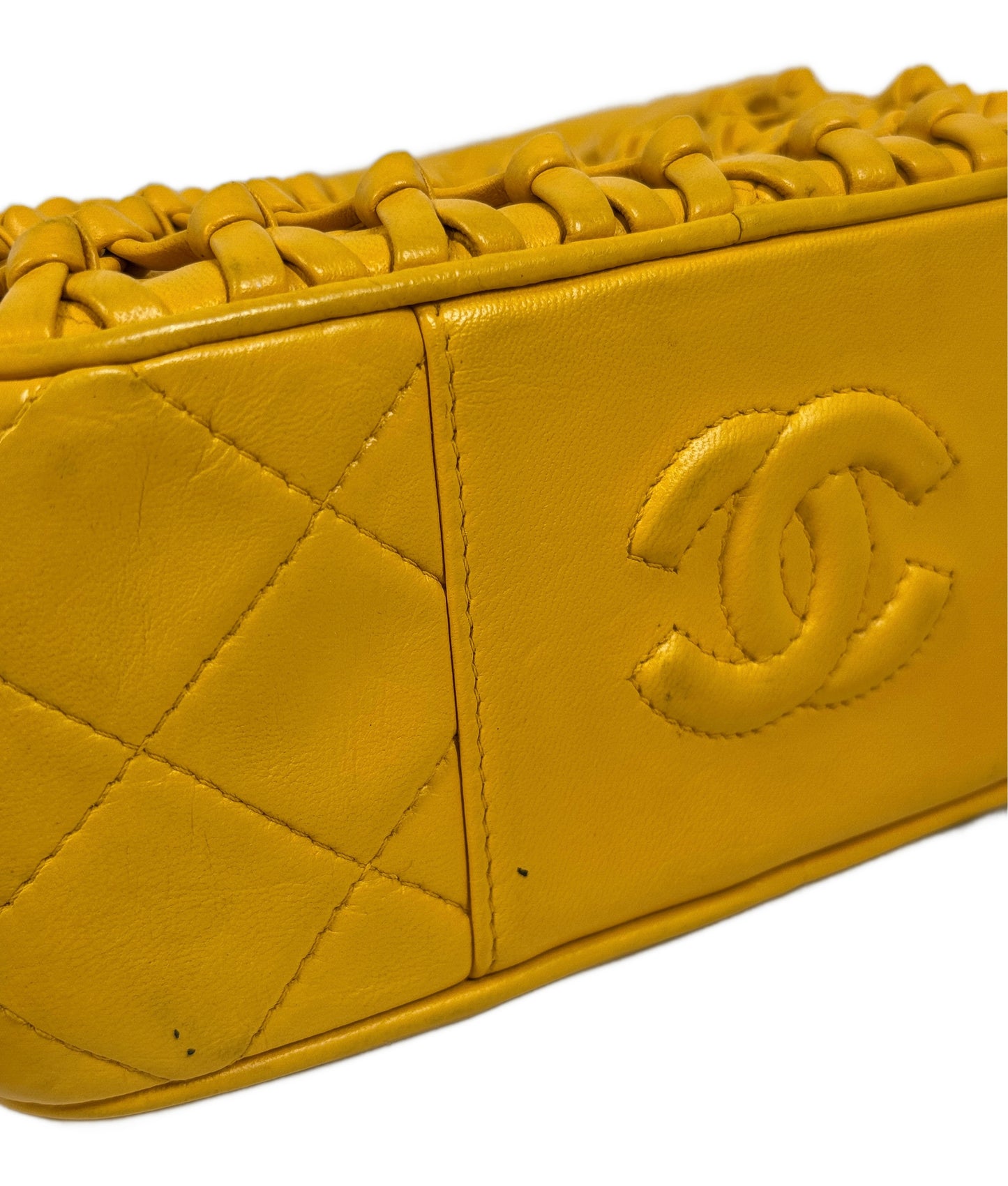 Chanel Vintage 90s Yellow Gold Knotted Quilted Lambskin Tassel Camera Shoulder Crossbody Bag