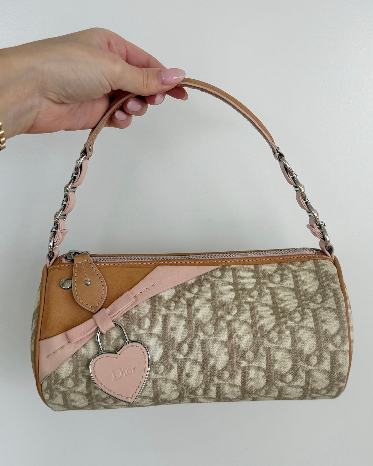 Dior Vintage 2007 Beige Diorissimo Monogram Romantique Pink Heart Mini Barrel Pochette Bag