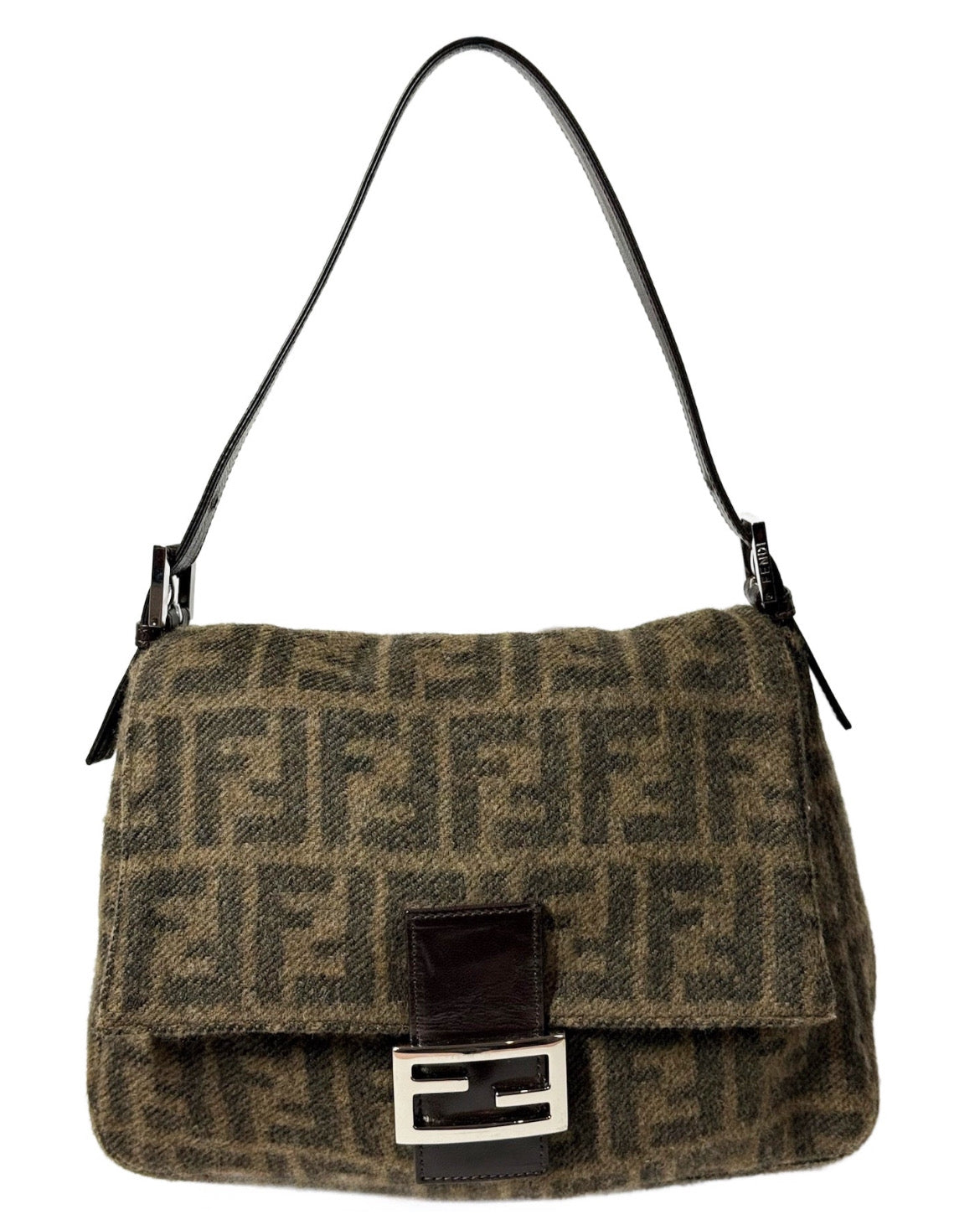 Fendi Vintage Brown Zucca Monogram Knit Wool Mamma Baguette Shoulder Bag