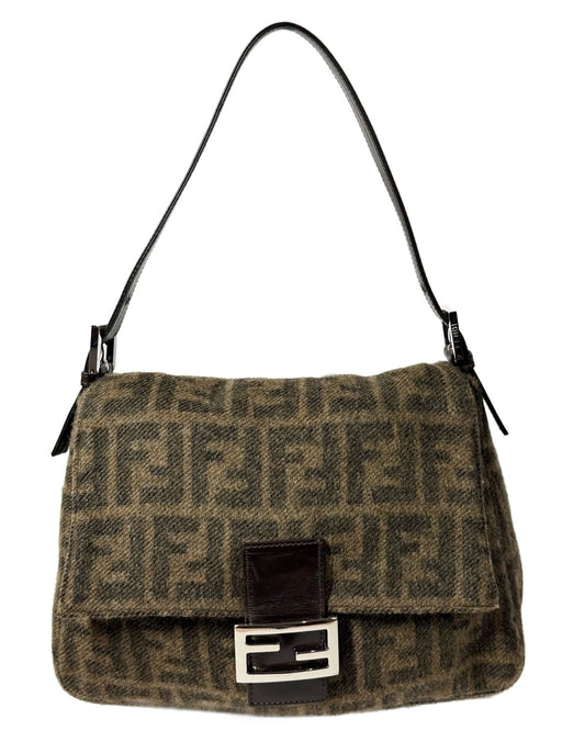 Fendi Vintage Brown Zucca Monogram Knit Wool Mamma Baguette Shoulder Bag