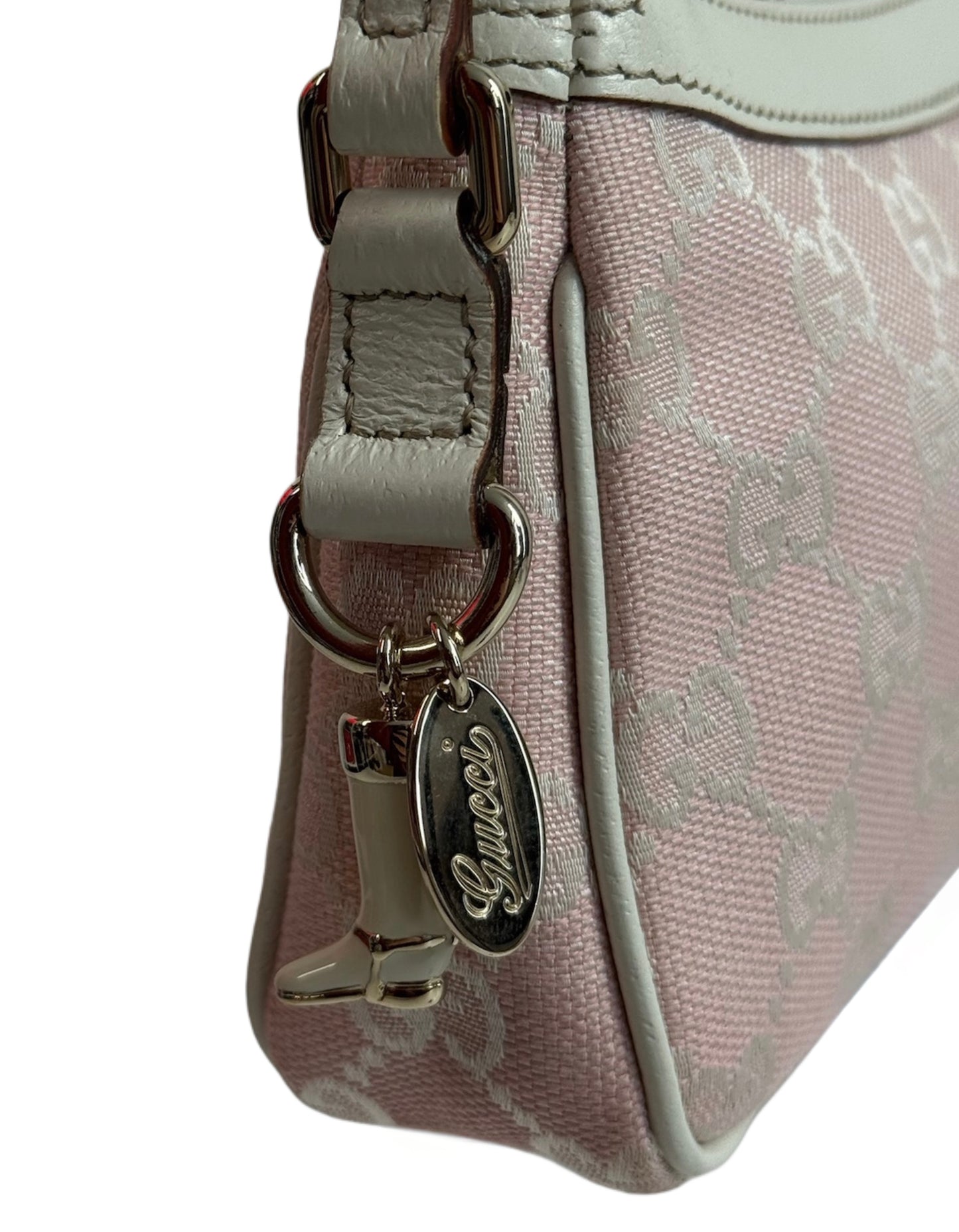 Gucci Vintage Baby Pink GG Monogram Canvas Ivory Leather Trim Mini Charmy Shoulder Pochette Bag