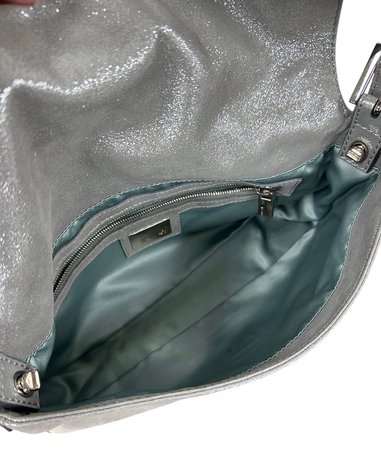 Fendi Vintage Metallic Silver Leather Crystal Logo Shoulder Baguette Bag