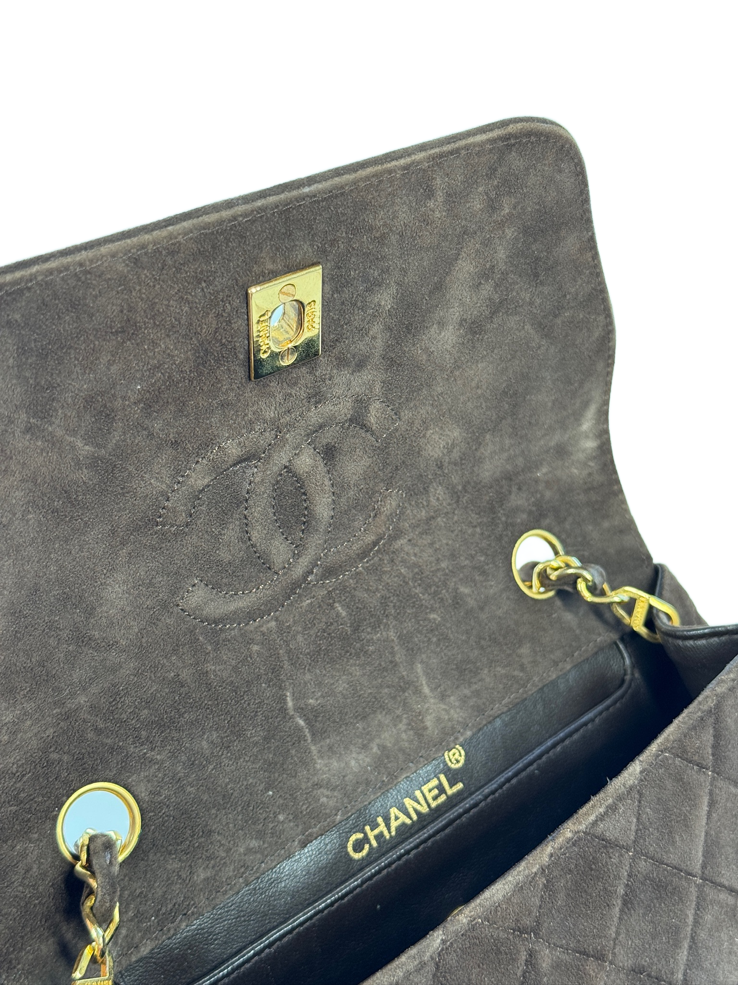 Chanel Vintage Late 80s Brown Suede Quilted Trapezoid Classic Flap Crossbody Shoulder Bag