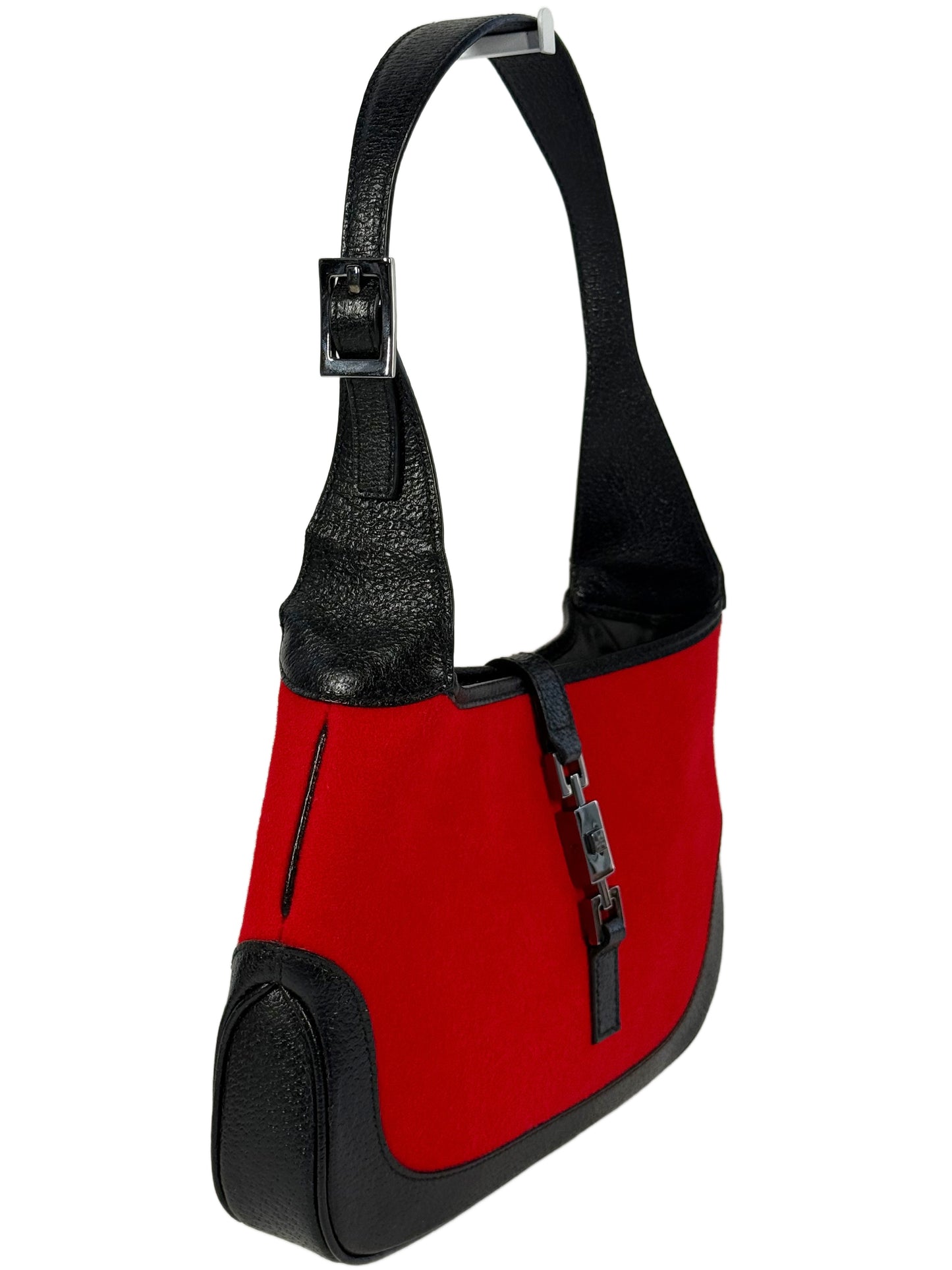 Gucci Vintage Red Felt Black Leather Trim Small Jackie O Shoulder Bag