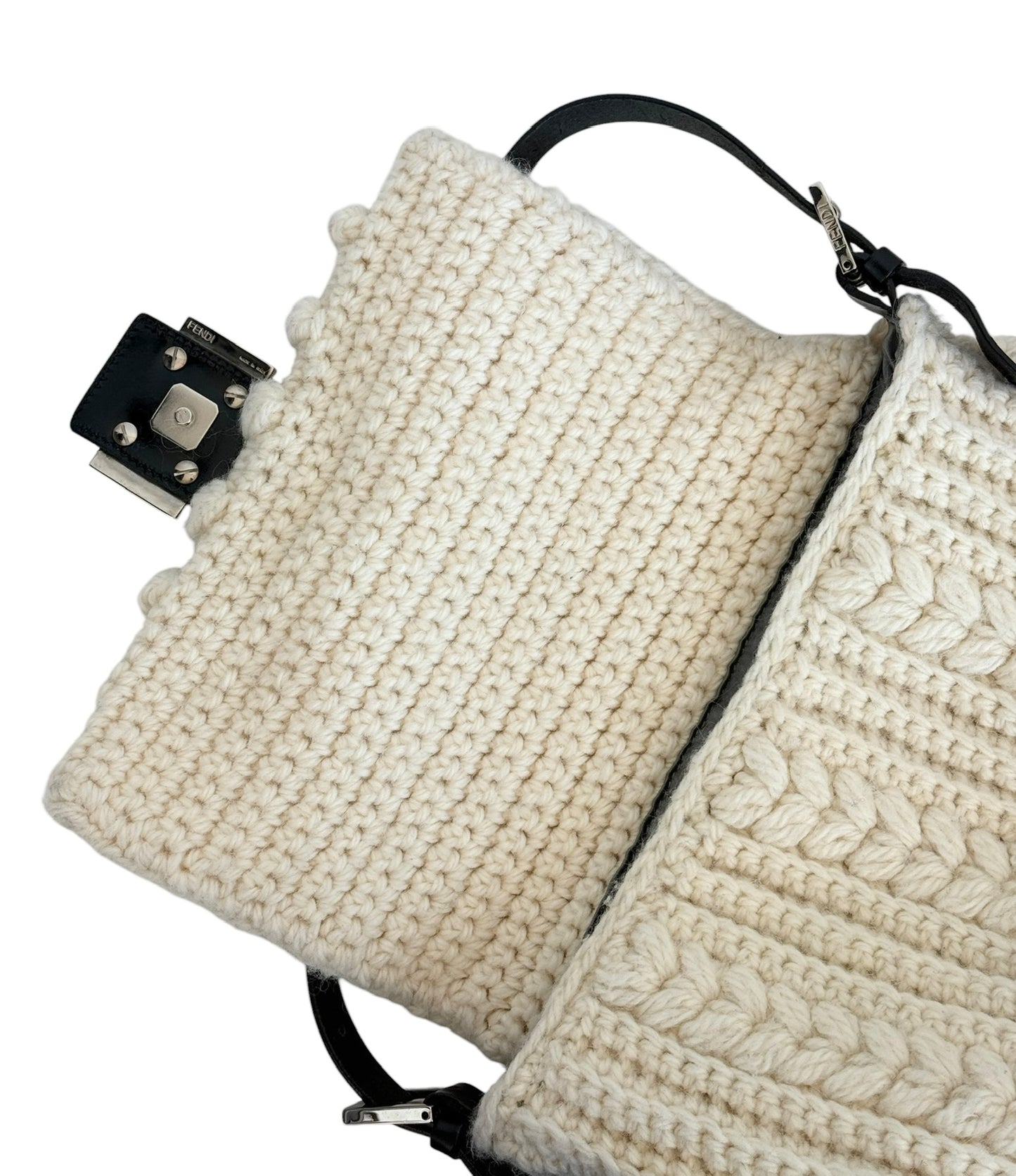 Fendi Vintage Ivory Crochet Knit Mamma Baguette Shoulder Bag