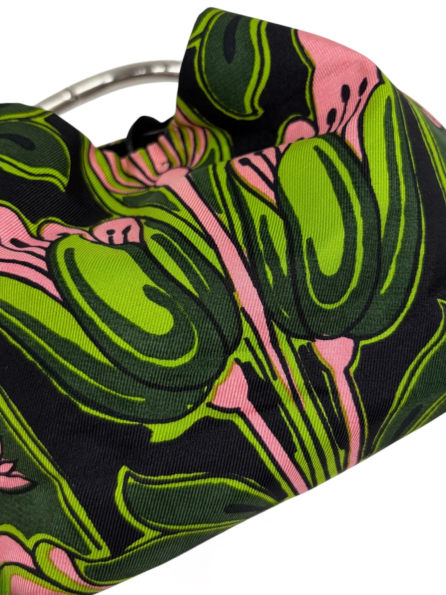 Prada Vintage Holliday & Brown London Green and Pink Twill Floral Tulipano Metal Top Handle Mini Bracelet Bag