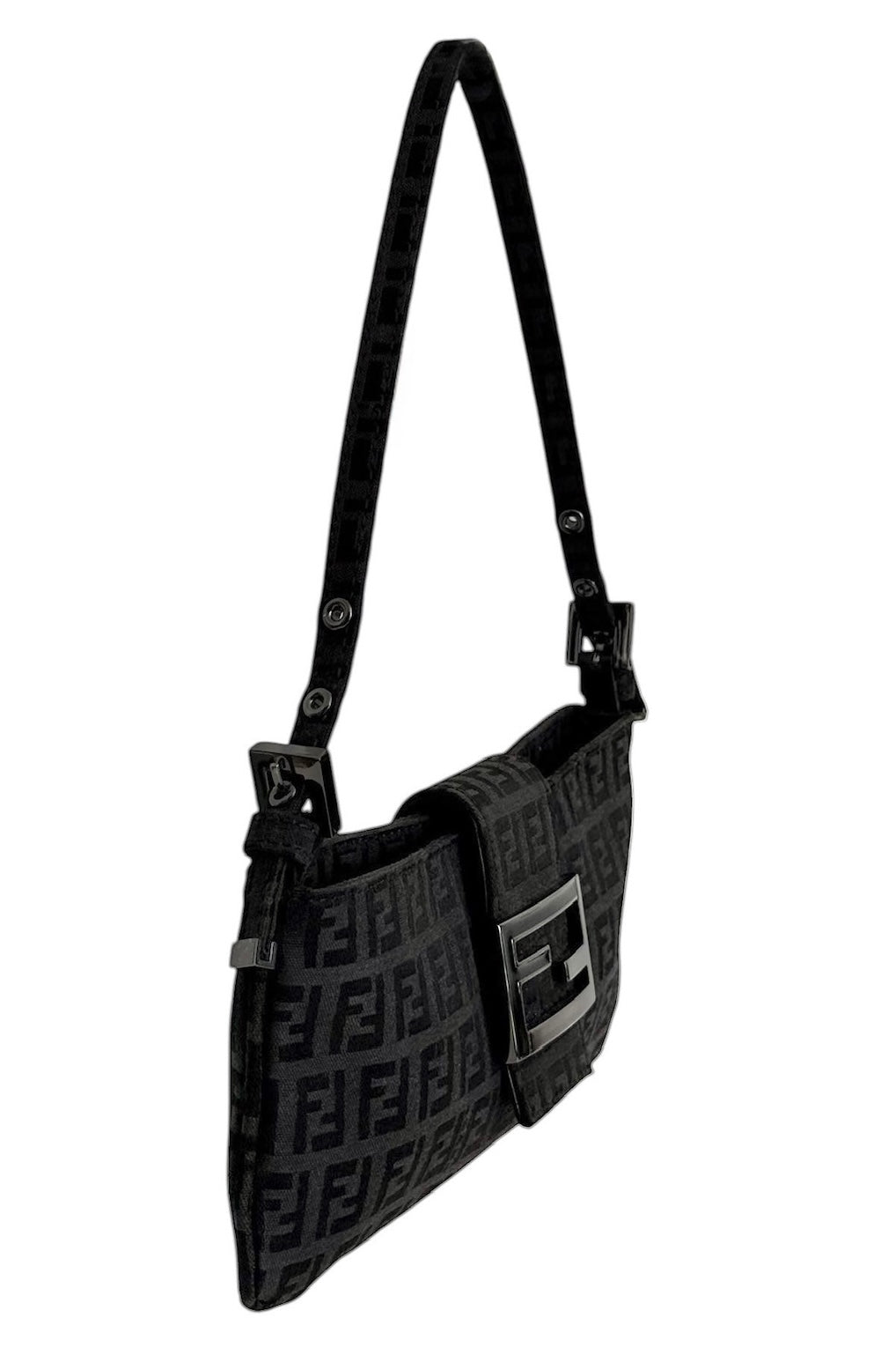 Fendi Vintage Black Zucchino Zucca Monogram Flat Pochette Shoulder Baguette Bag