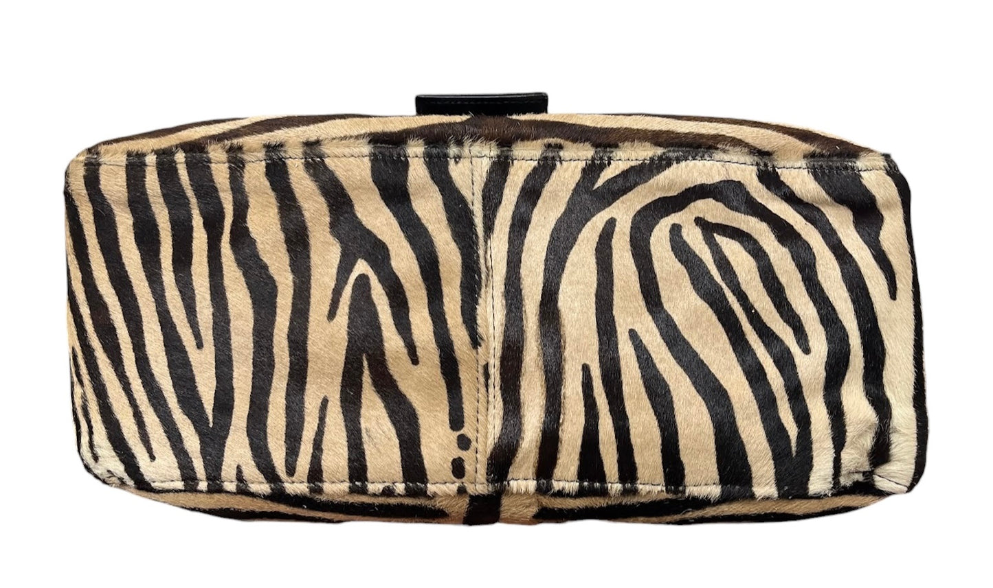 Fendi Vintage Zebra Print Pony Hair Mamma Baguette Shoulder Bag with Red Enamel Trim