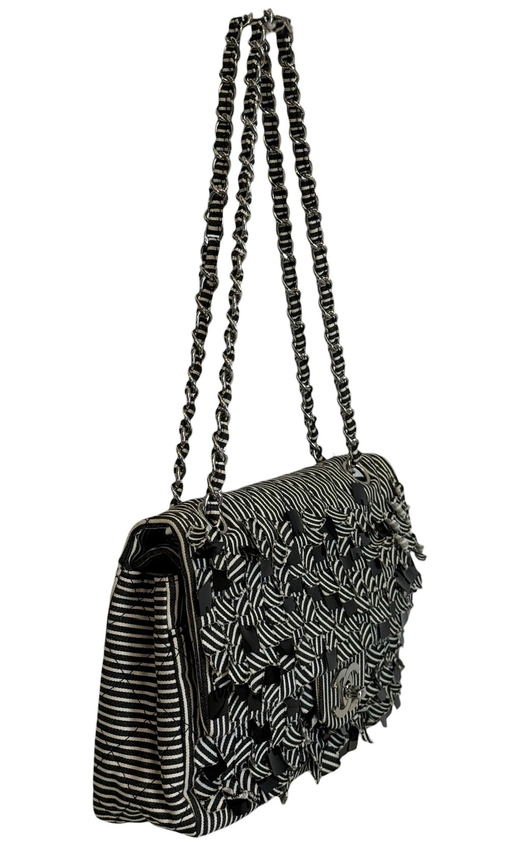 Chanel Vintage 2008 Black & White Striped Quilted Canvas Sequin Medium Classic Double Flap Bag
