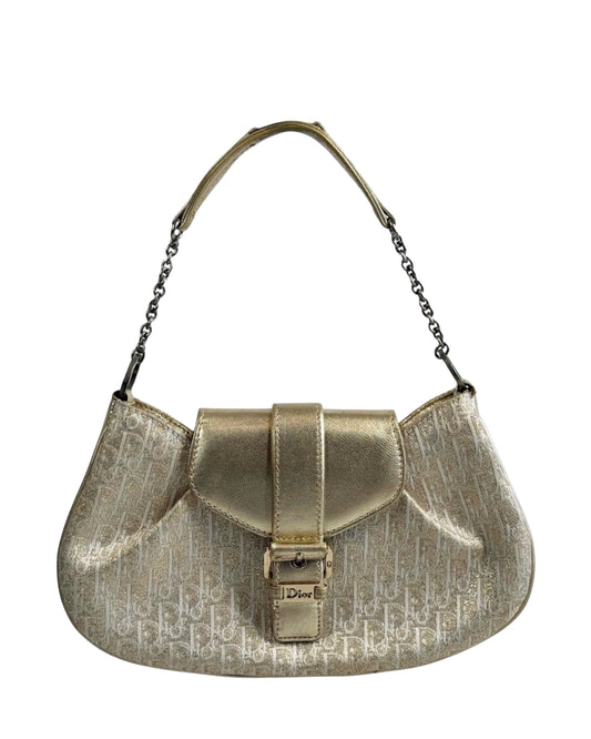 Dior Vintage 2002 Metallic Gold Trotter Monogram Mini Evening Pochette Bag