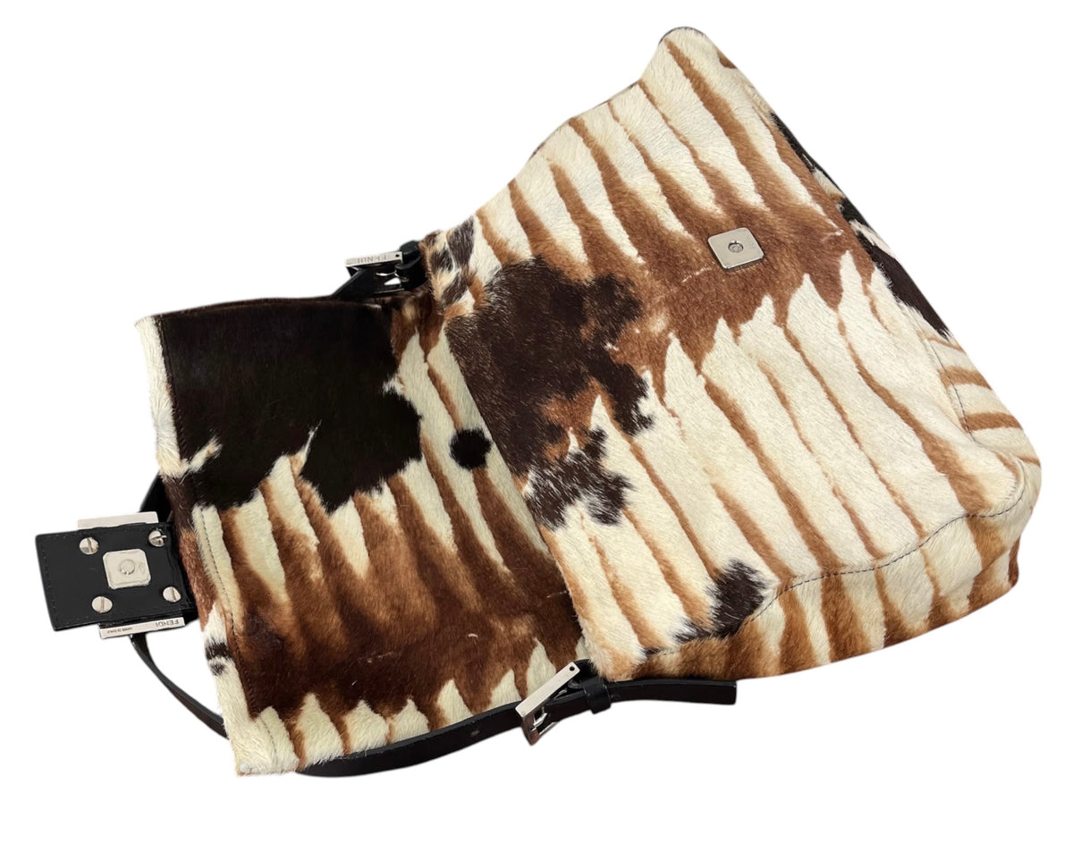 Fendi Vintage Ivory & Brown Animal Print Pony Hair Mamma Shoulder Baguette Bag