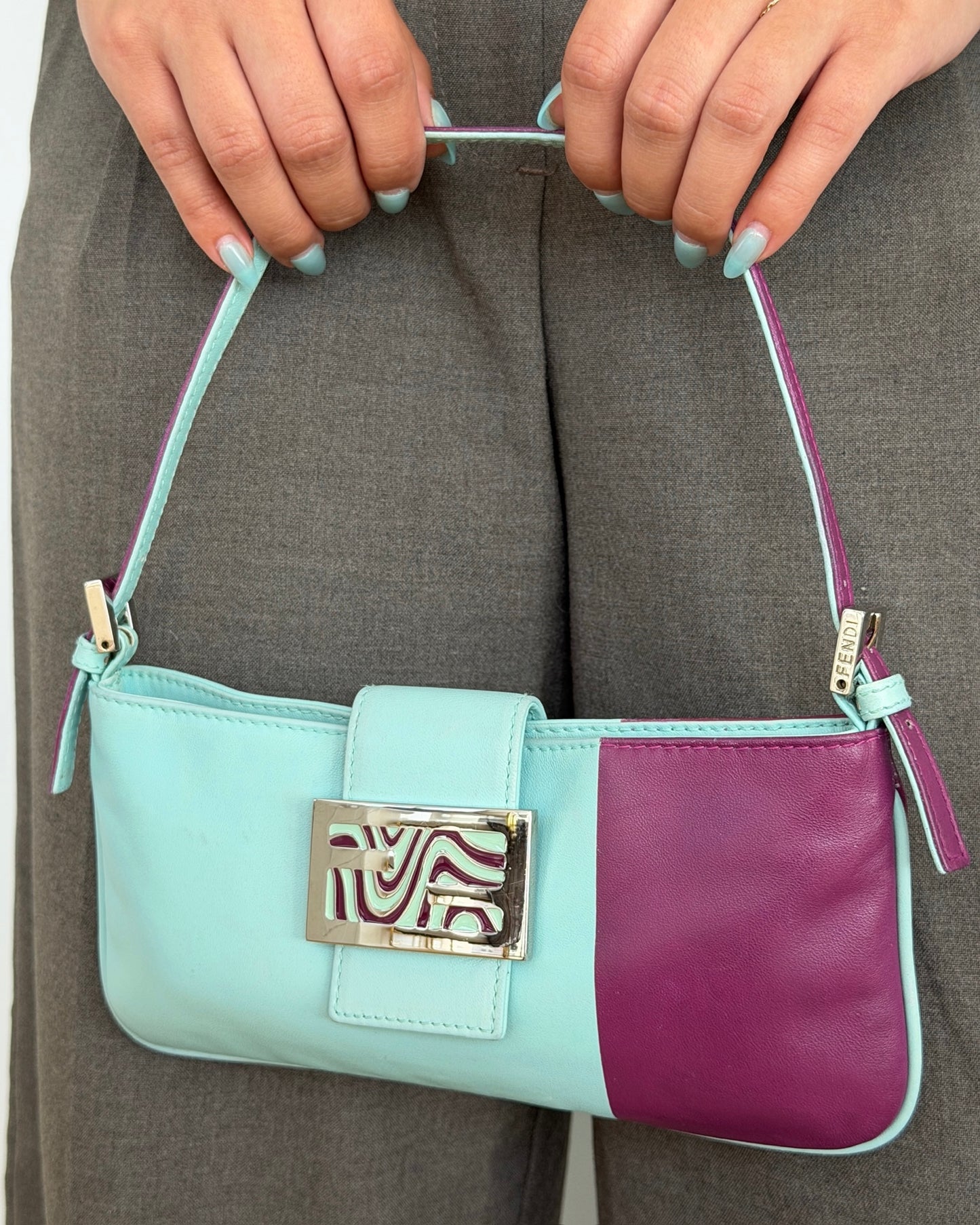 Fendi Vintage Bicolor Blue & Purple Lambskin Flat Baguette Pochette with Swirl Design Buckle