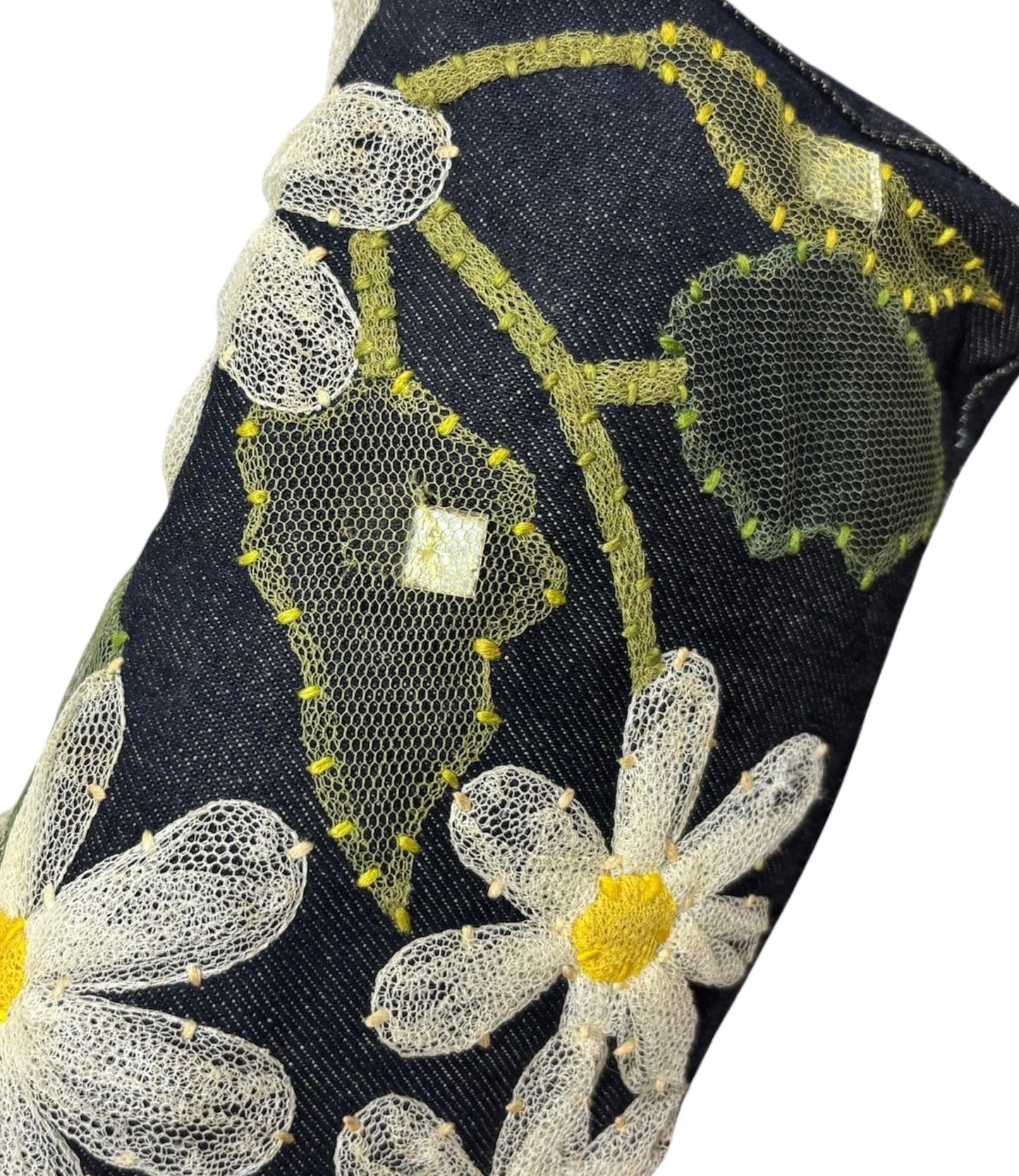 Fendi Vintage Blue Denim Mesh Tulle Daisy Floral Mirror Embellished Shoulder Baguette Bag