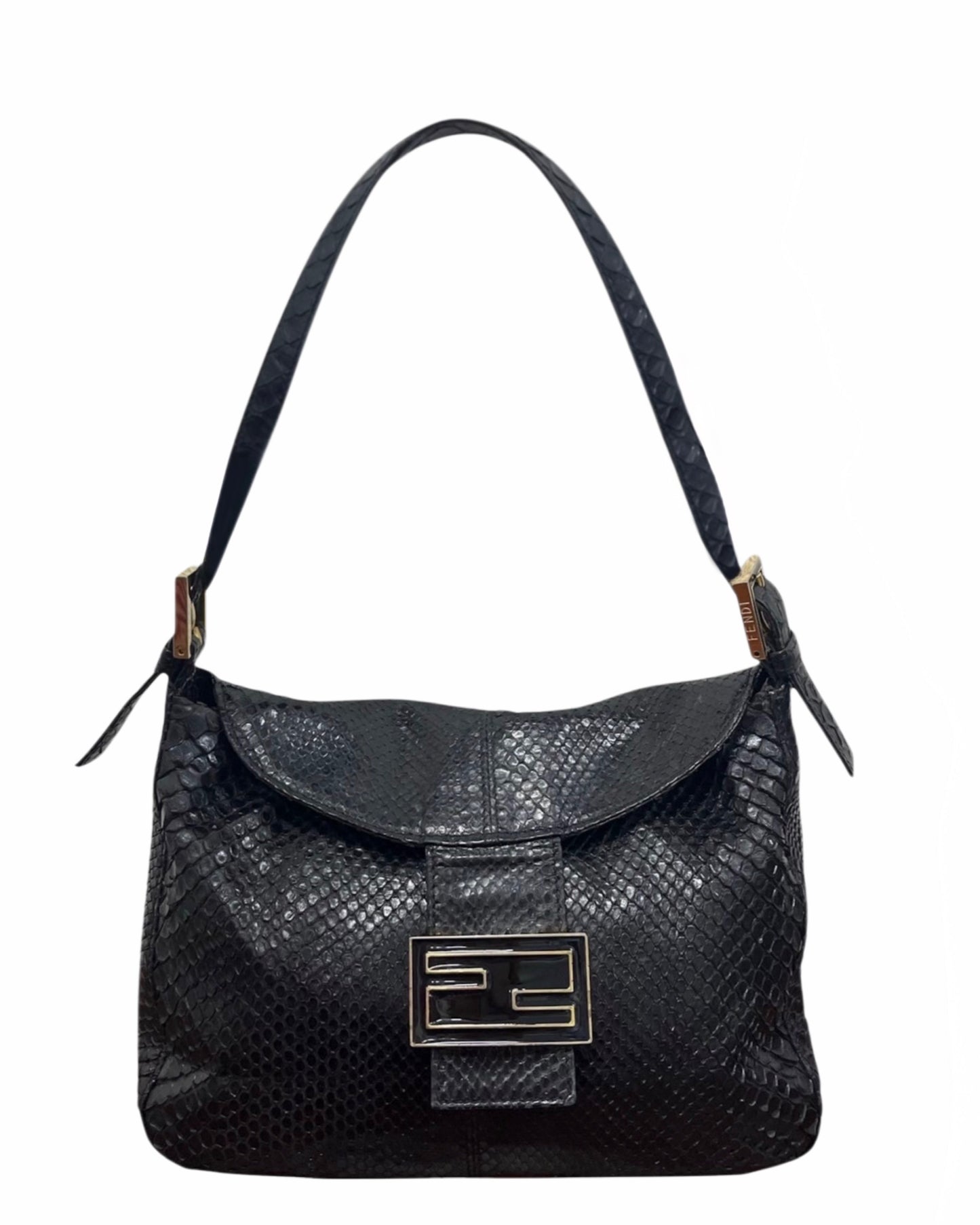 Fendi Vintage Black Python Leather Double Flap Bucket Small Hobo Shoulder Baguette Bag