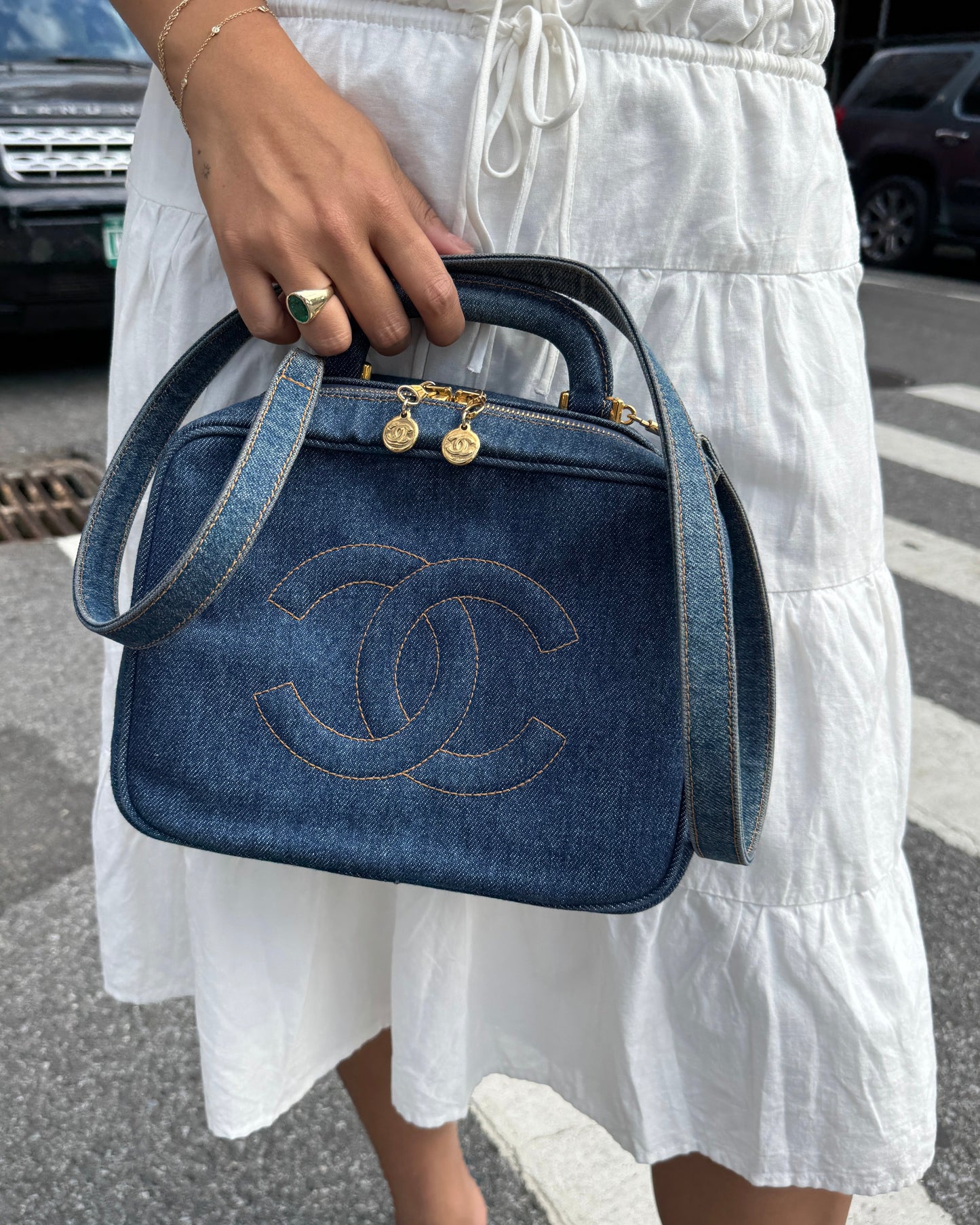 Chanel Vintage 90s Two-Way Denim CC Top Handle Vanity Case w Shoulder Crossbody Strap