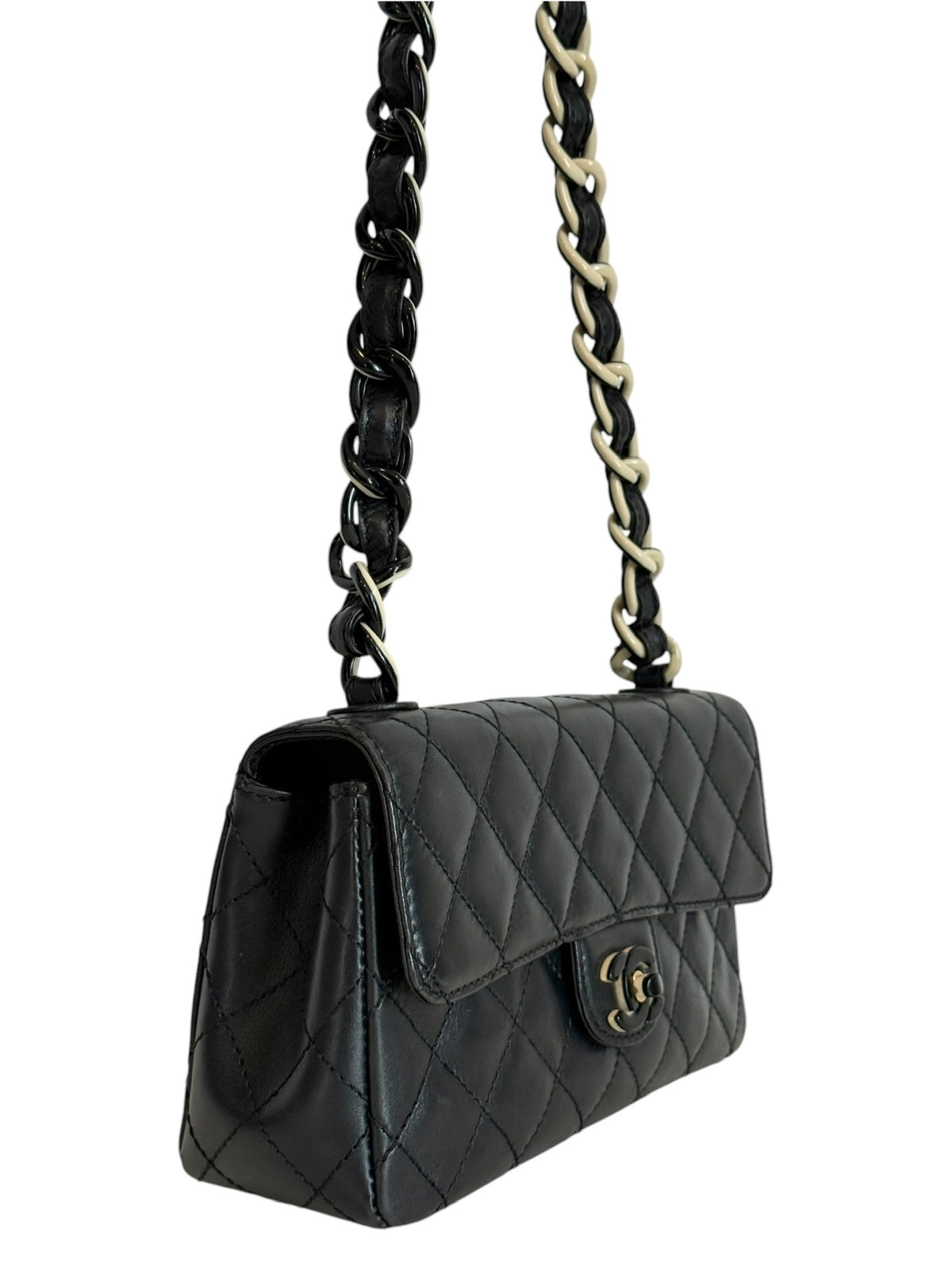 Chanel Vintage 00s Black Quilted Lambskin Rectangular Mini Flap Bag with B&W Resin Chain Strap