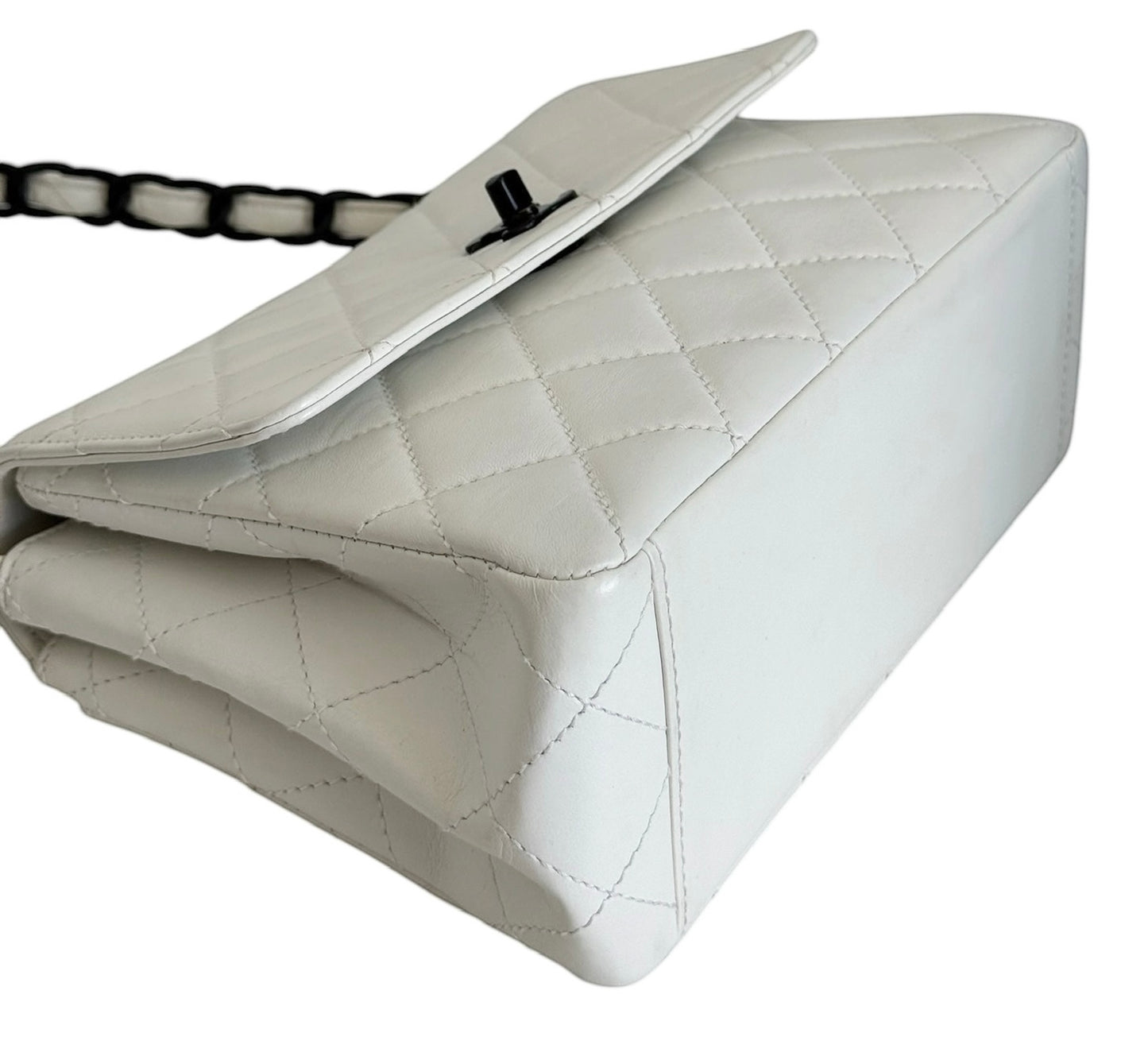 Chanel Vintage 90s White Quilted Lambskin Medium Square Flap Shoulder Bag with So Black Hardware - Retouched