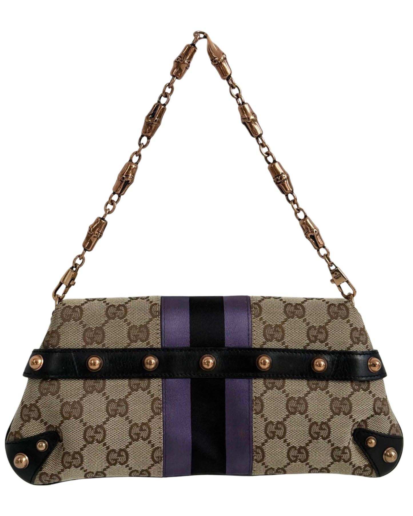 Gucci Vintage Brown GG Monogram Horsebit Purple & Black Satin Striped Rose Gold Bamboo Chain Small Shoulder Clutch Bag