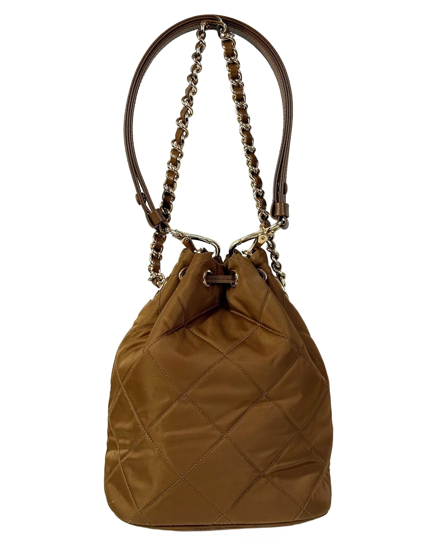 Prada Light Brown Quilted Nylon Small Drawstring Bucket Shoulder Bag