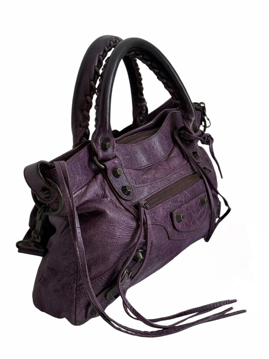 Balenciaga Dark Purple Leather Small Classic Motocross City Bag