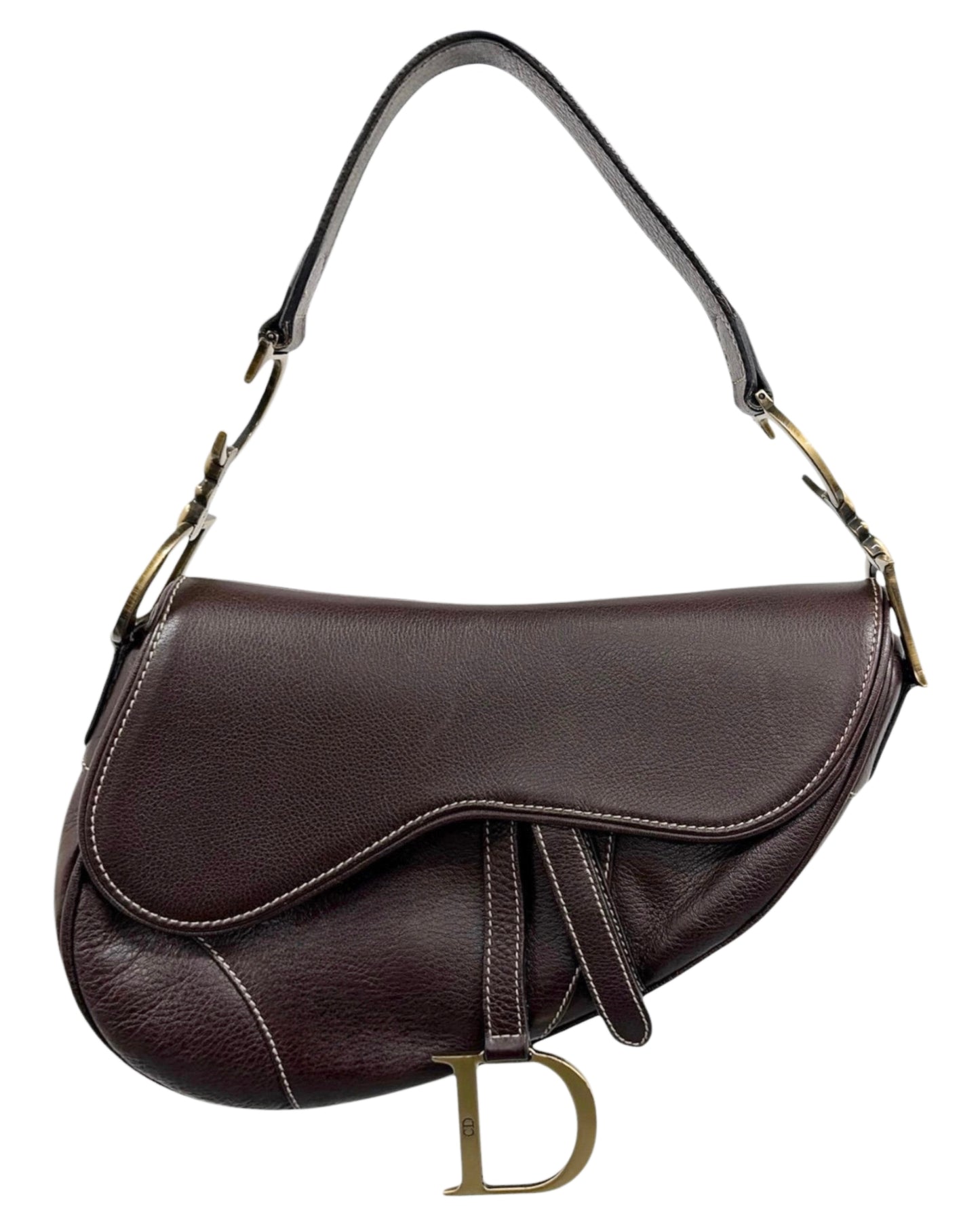 Dior Vintage 2002 Brown Grained Calfskin Leather Medium Saddle Shoulder Bag
