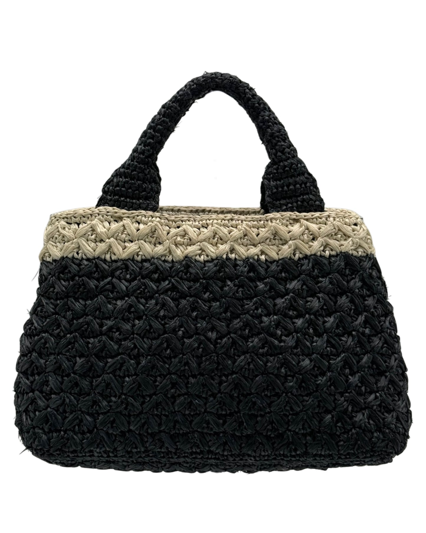 Prada Vintage Black & White Raffia Small Canapa Beach Top Handle Tote Bag