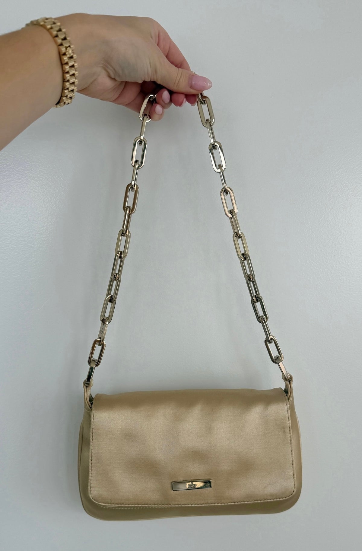 Gucci Vintage Champagne Gold Satin Chain Shoulder Evening Bag