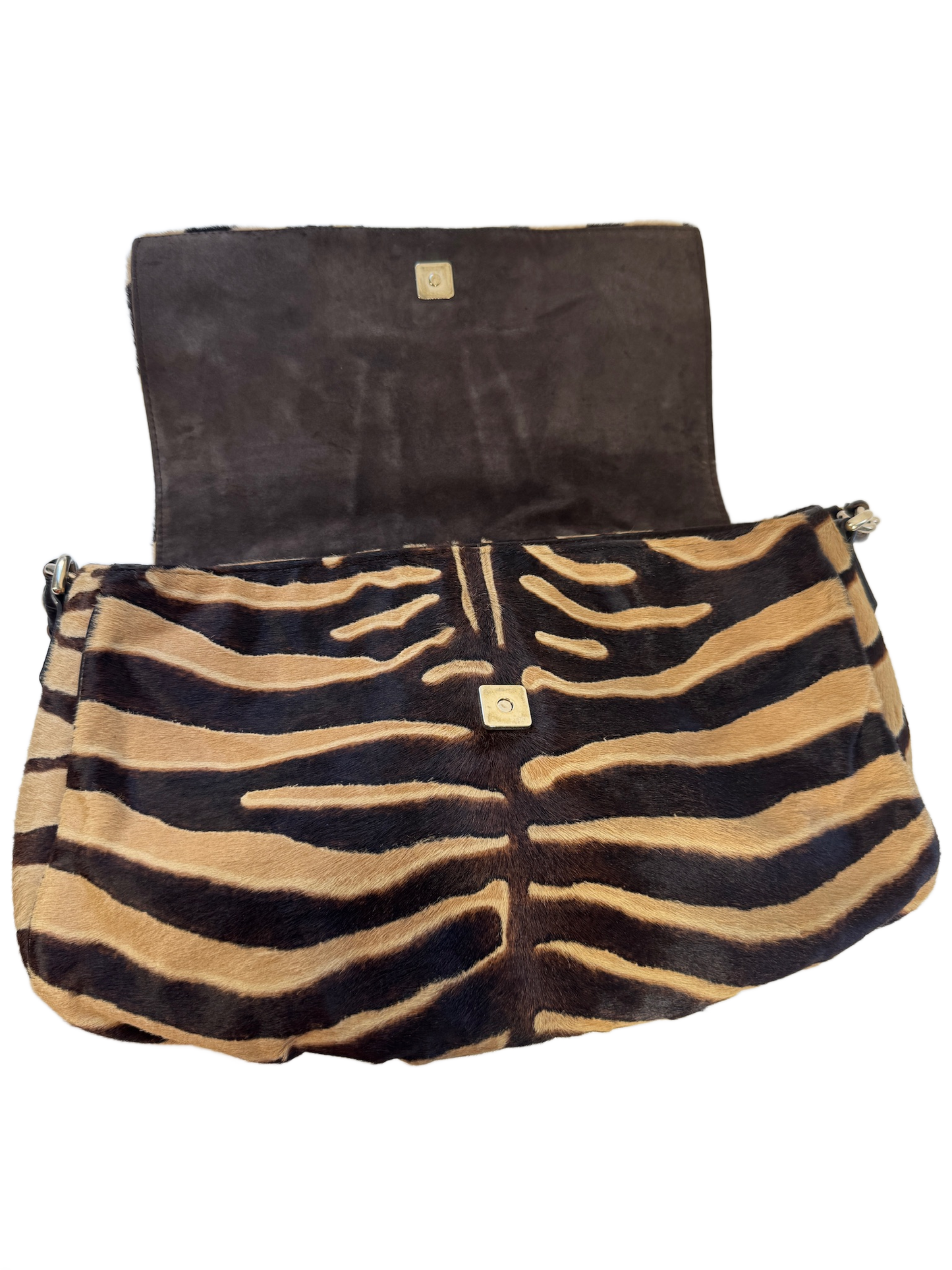 Fendi Vintage Beige & Brown Zebra Print Pony Hair Medium Chain Shoulder Bag