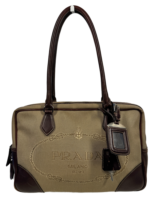 Prada Vintage Beige Jacquard Canvas & Brown Leather Shoulder Bag