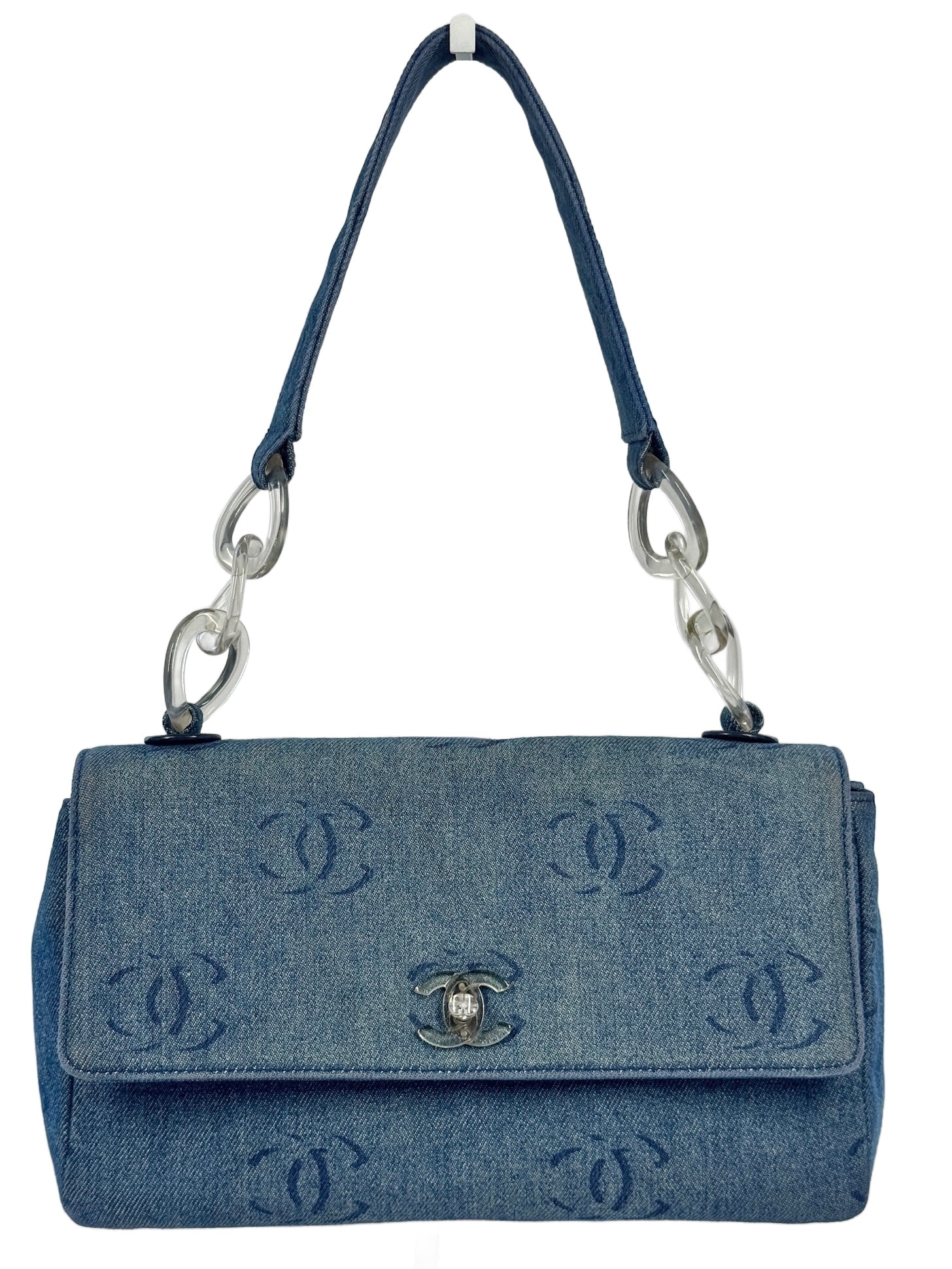 Chanel Vintage 00s Blue Denim CC Print Acrylic Chain Strap Single Flap Bag