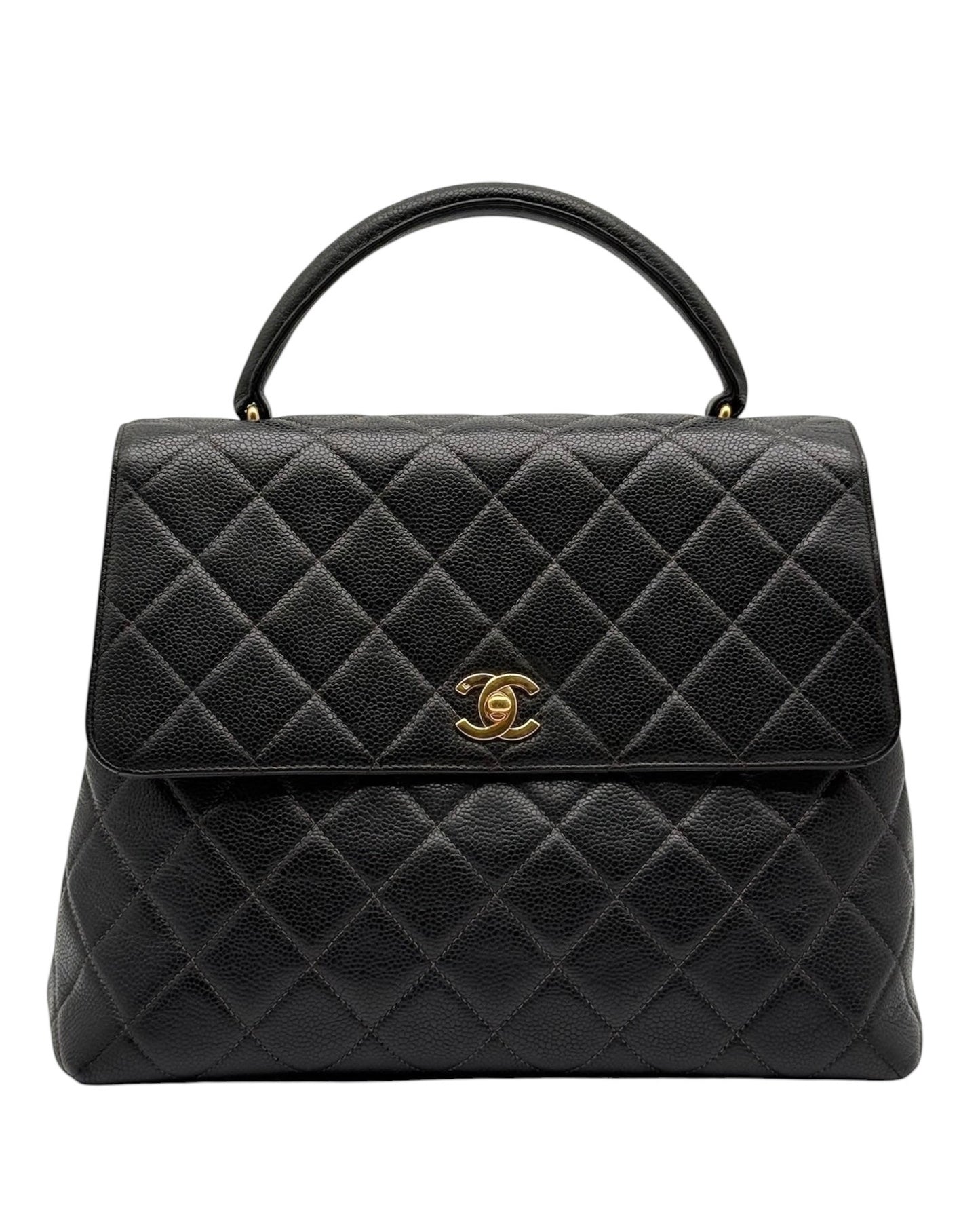 Chanel Vintage 90s Black Quilted Caviar Large Kelly Top Handle Flap Bag