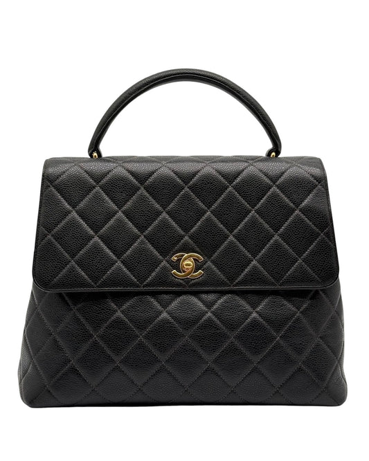 Chanel Vintage 90s Black Quilted Caviar Large Kelly Top Handle Flap Bag